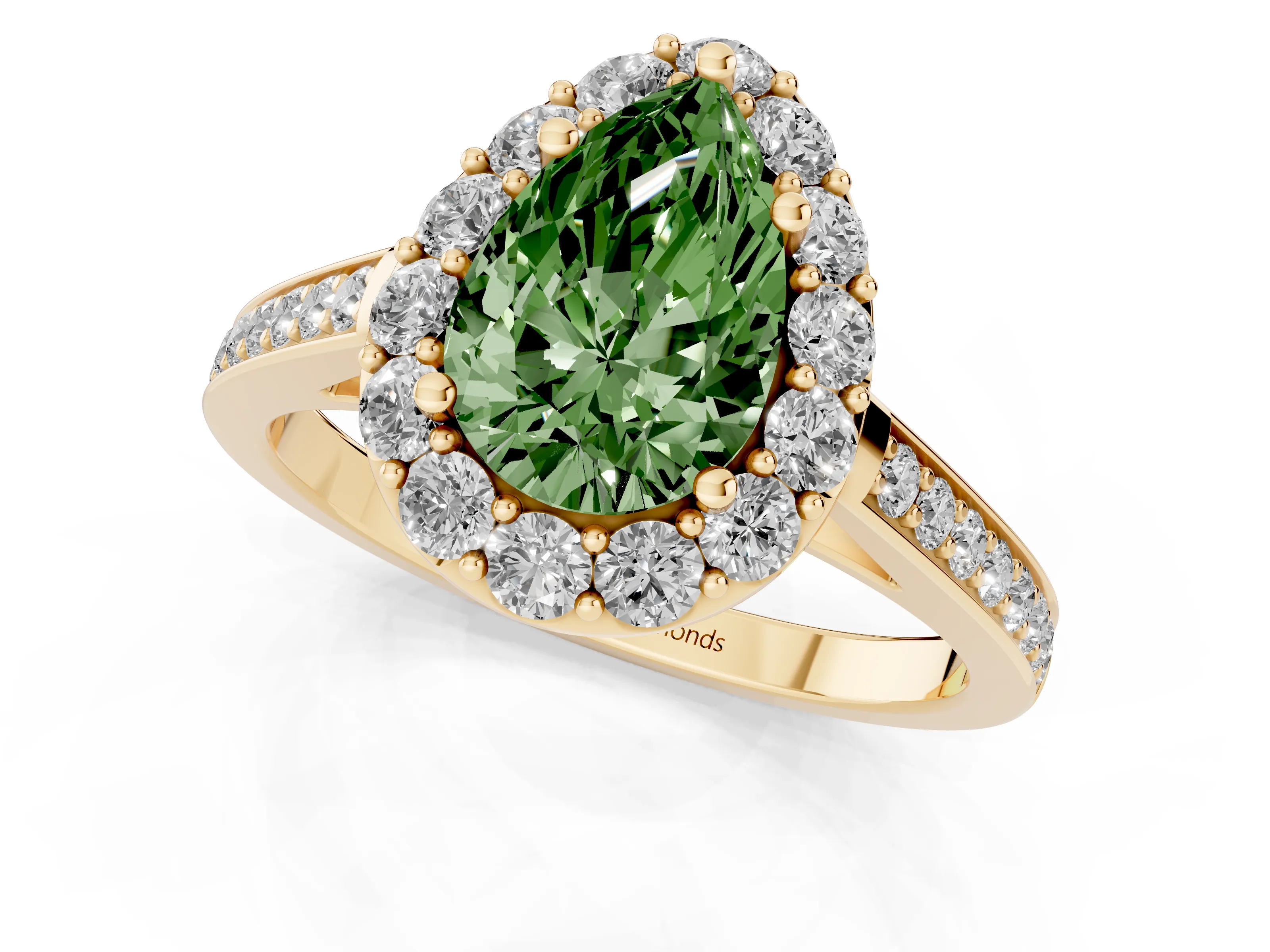 Fancy Green Pear Cut Diamond Floral Halo Ring Set in Yellow gold with Pavé Band and Prong Setting