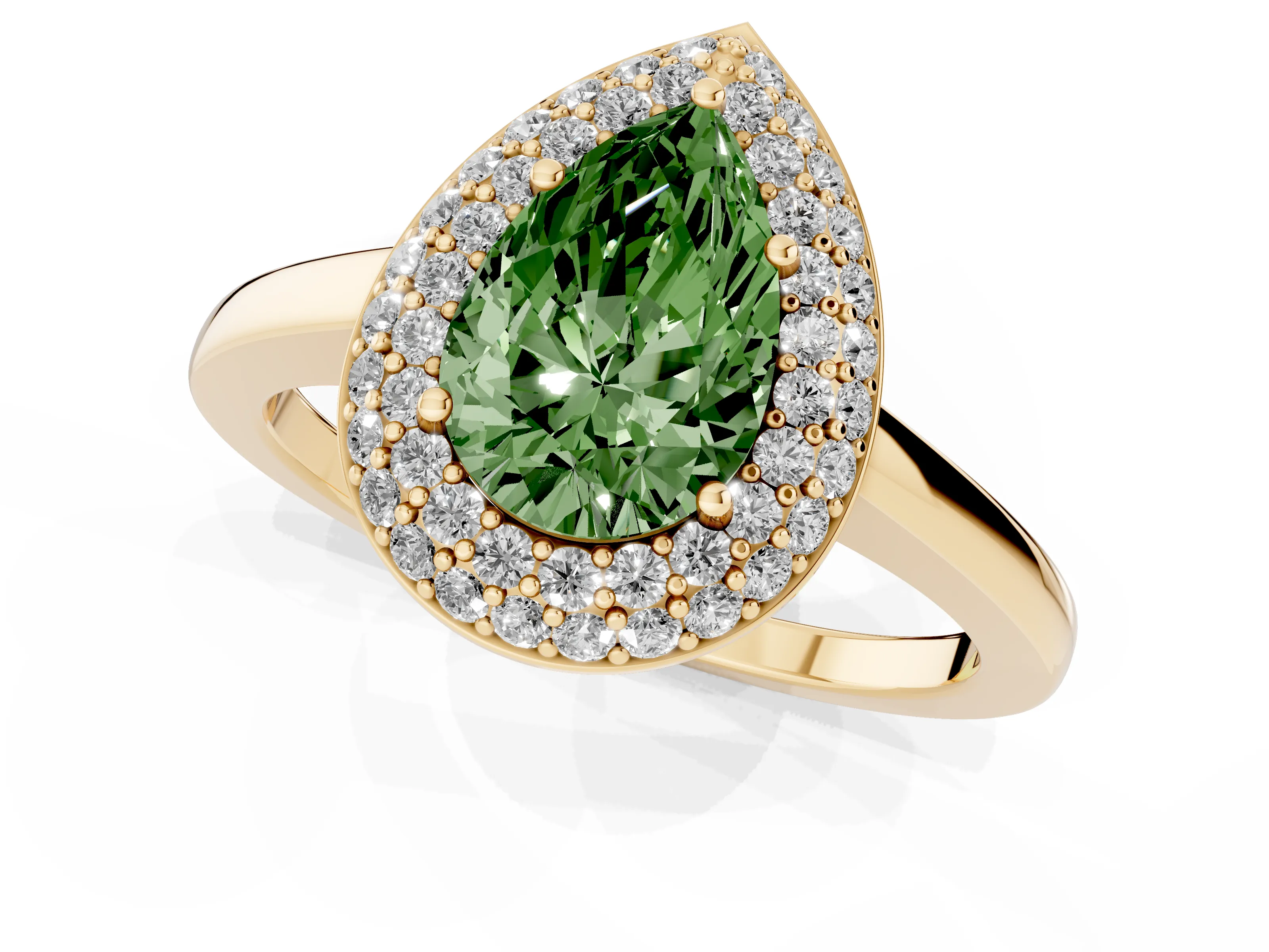 Fancy Green Pear Cut Diamond Halo Engagement Ring Set in Yellow gold with Solitaire Band and Prong Setting