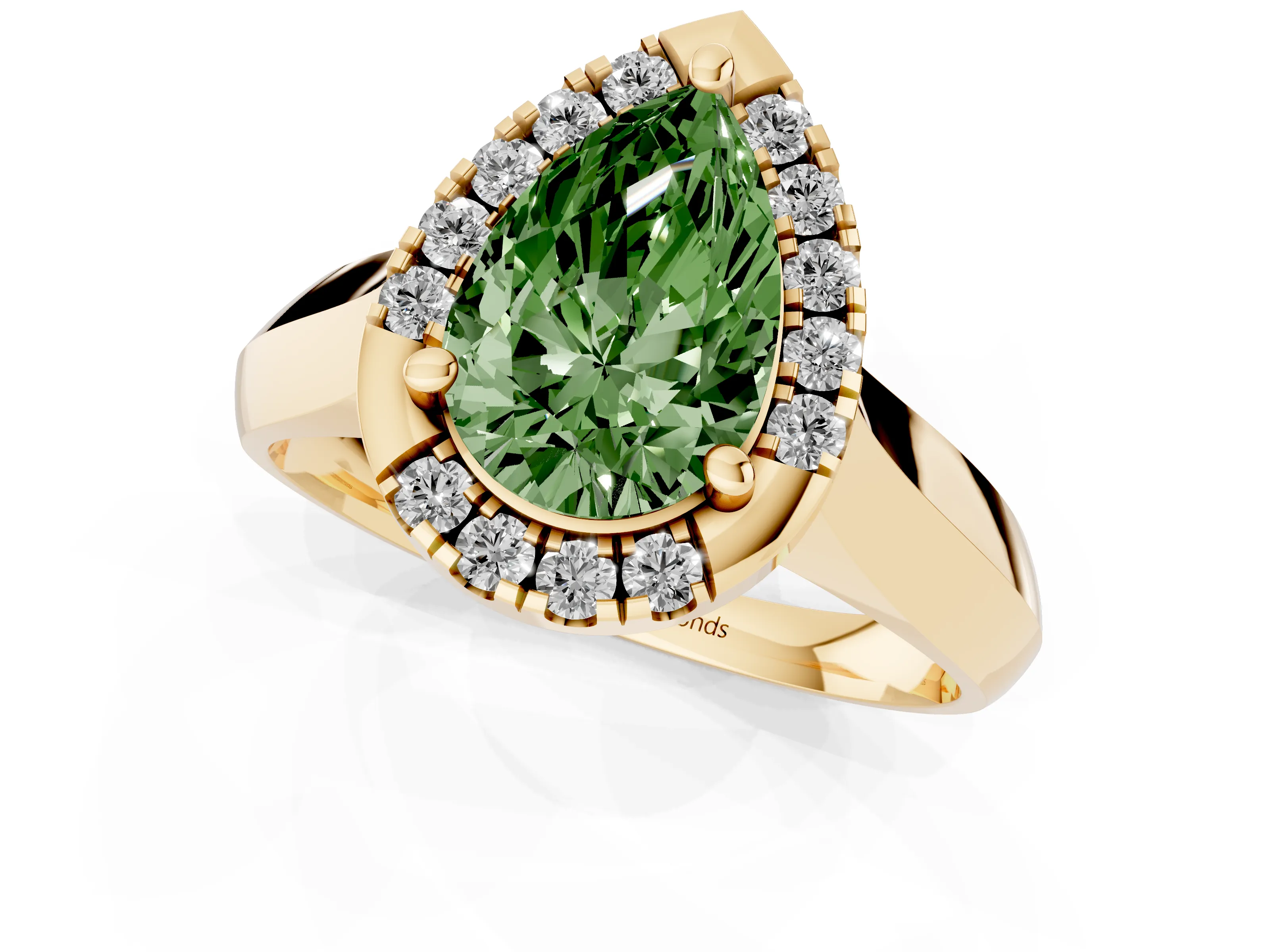 Fancy Green Pear Cut Diamond Halo Solitaire Engagement Ring Set in Yellow gold with Square Band and Prong Setting