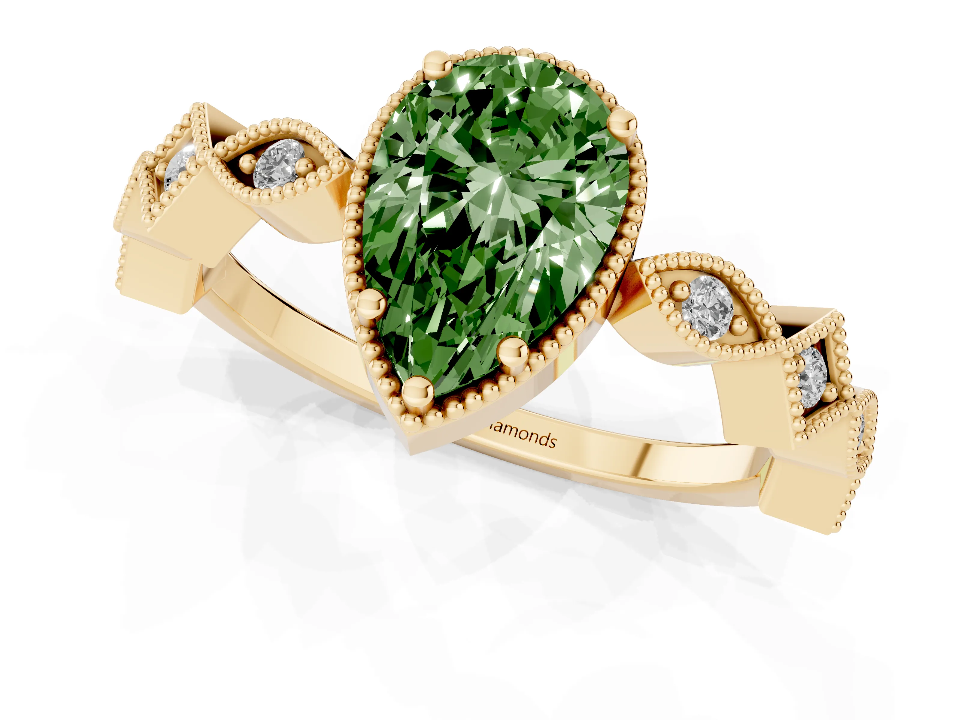 Fancy Green Pear Cut Diamond Milgrain Marquise Twist Band Ring Set in Yellow gold with Prong Setting