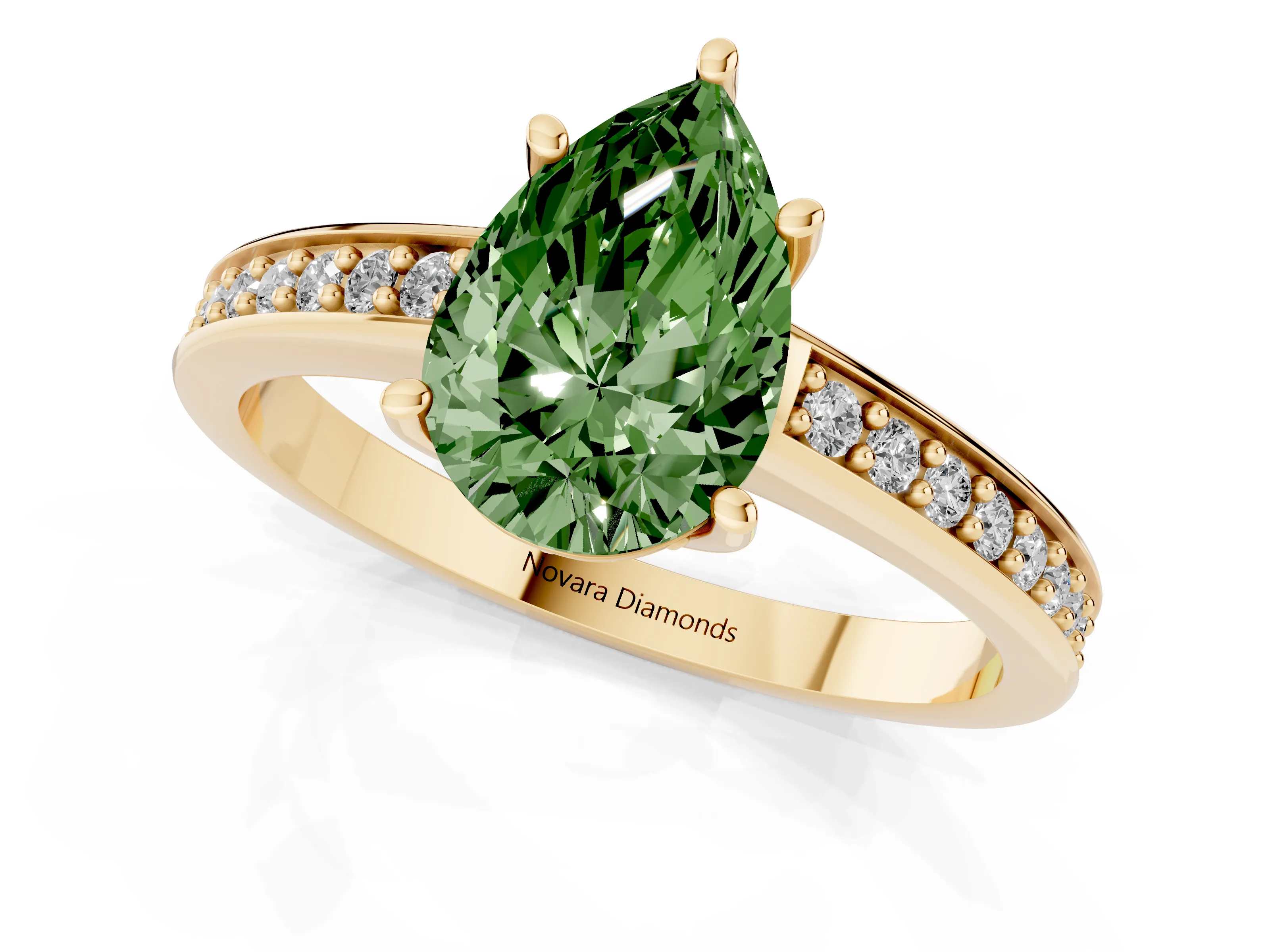 Fancy Green Pear Cut Diamond Pavé Band Prong Set Solitaire Ring Set in Yellow gold