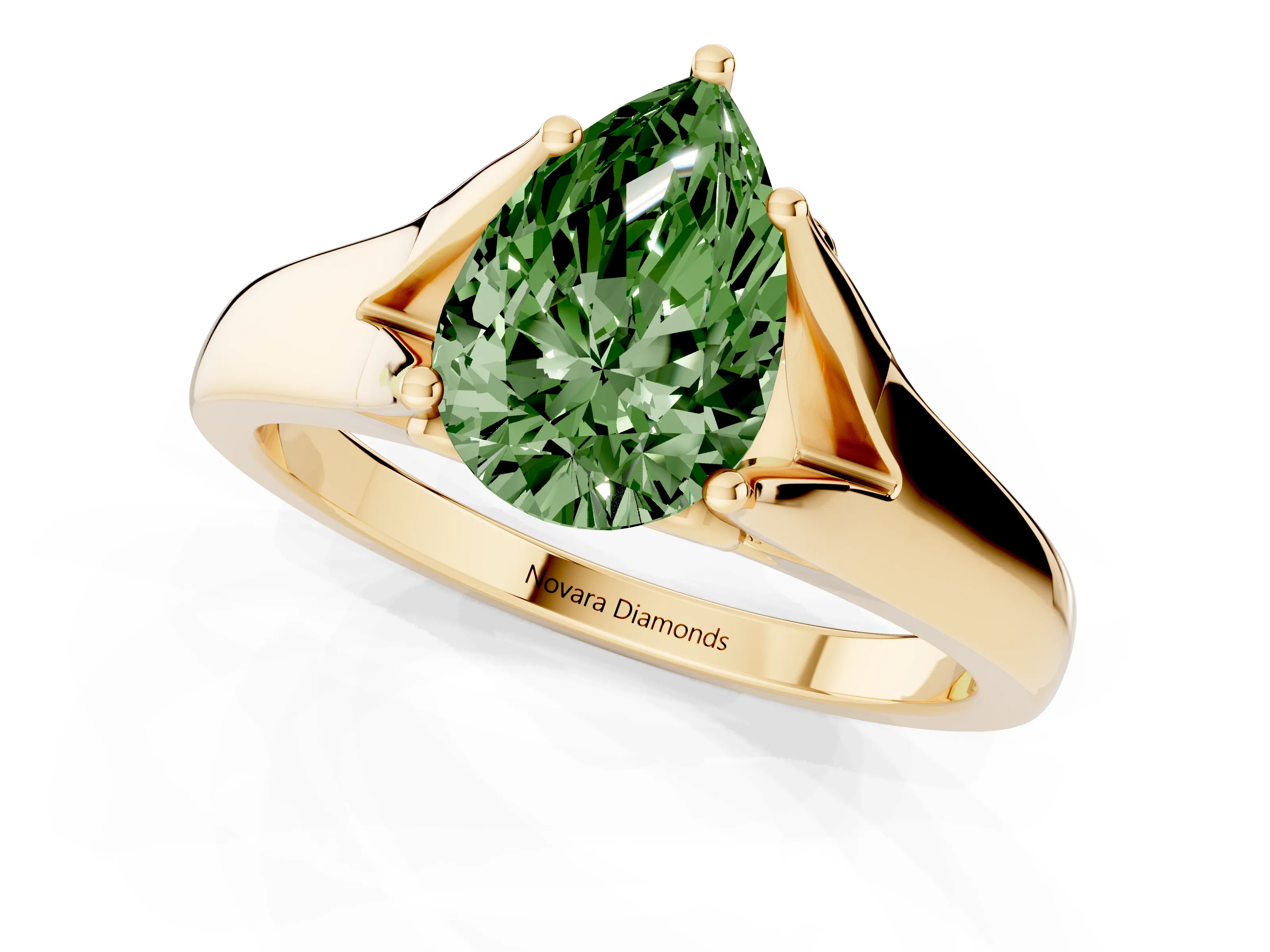 Fancy Green Pear Cut Diamond Solitaire Ring Set in Yellow gold with Arched Cathedral Band and Prong Setting
