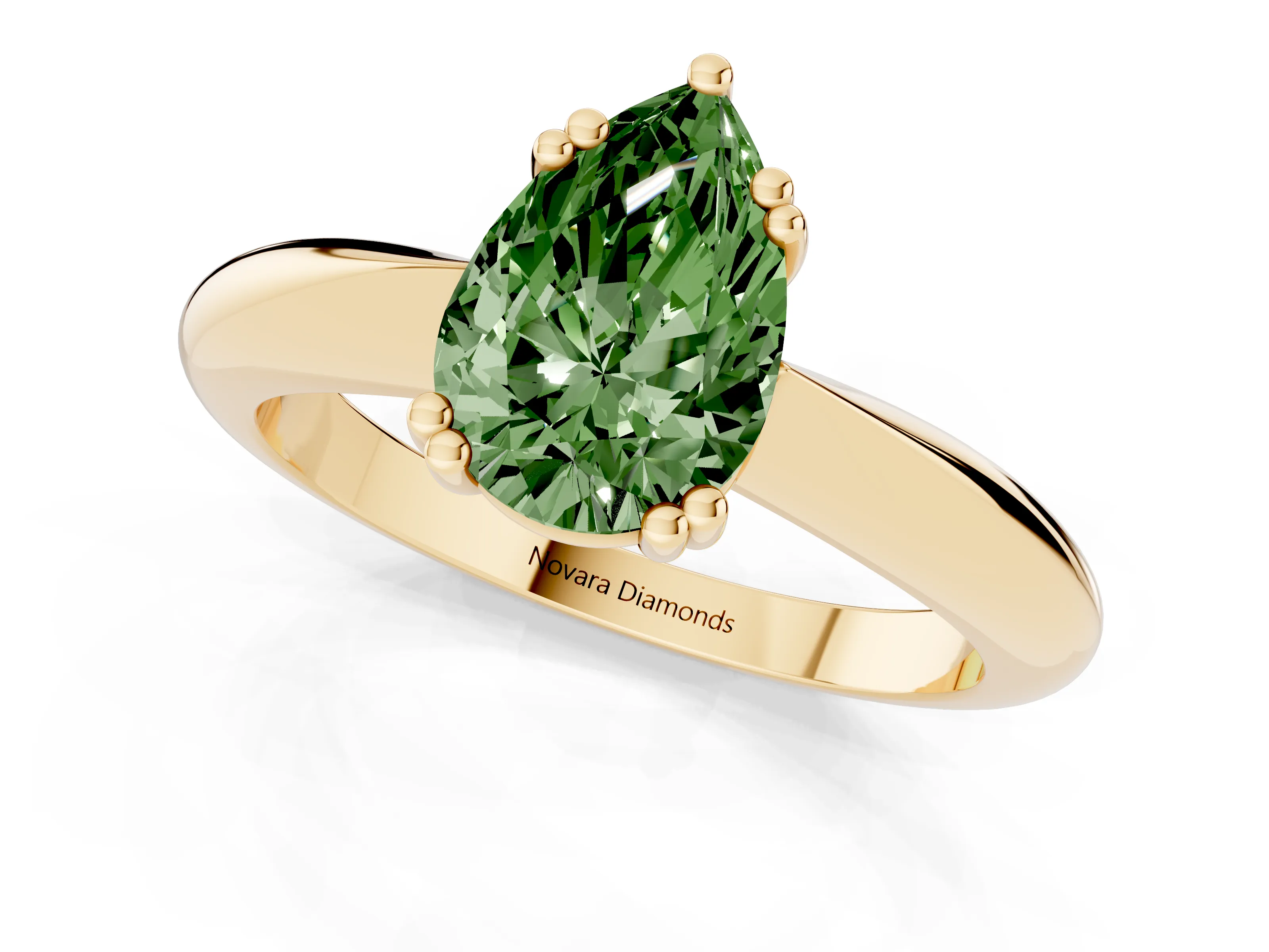 Fancy Green Pear Cut Diamond Solitaire Engagement Ring Set in Yellow gold with Tapered Band and Prong Setting