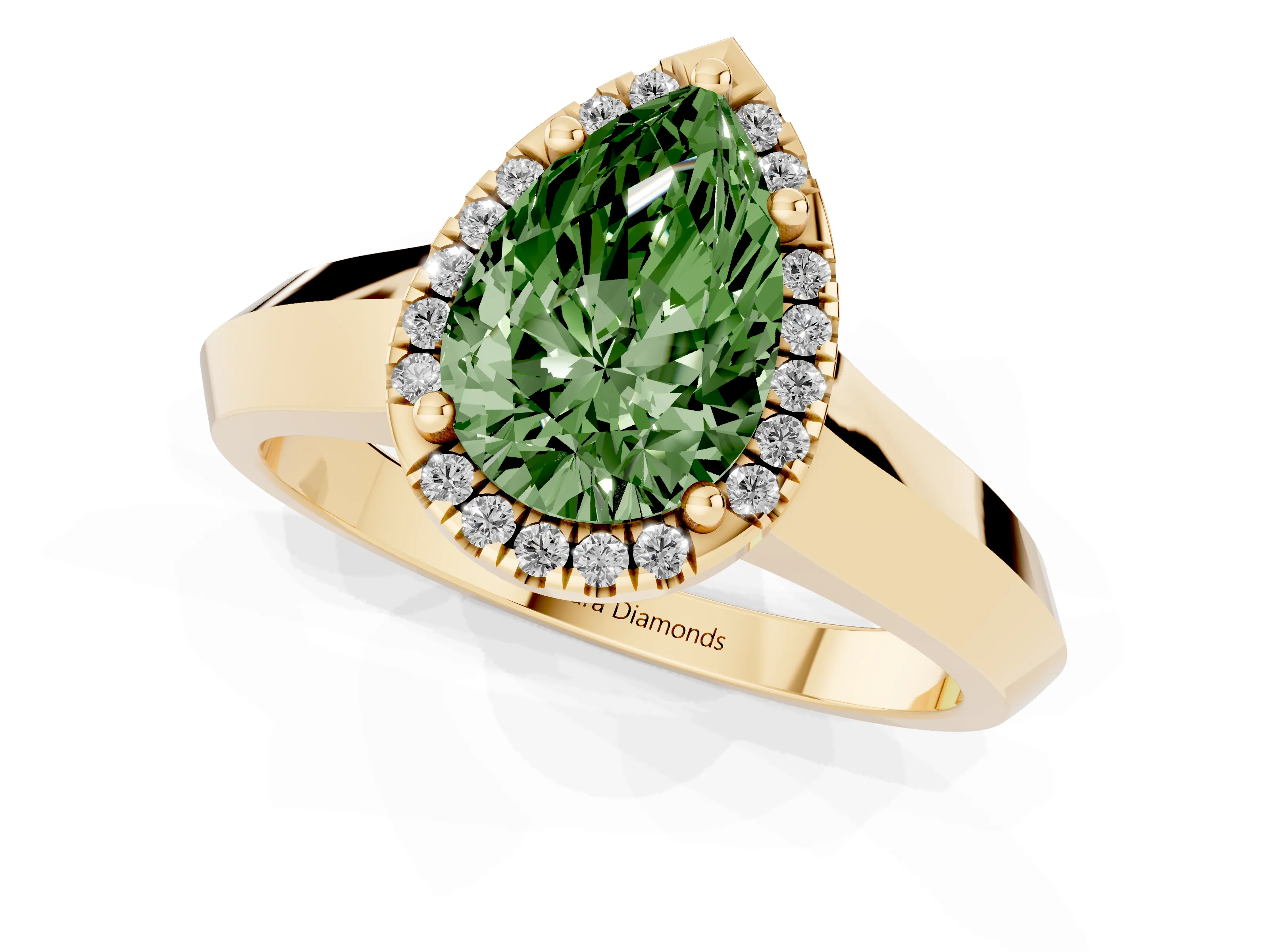 Fancy Green Pear Cut Diamond Halo Ring Set in Yellow gold with Cathedral Band and Prong Setting