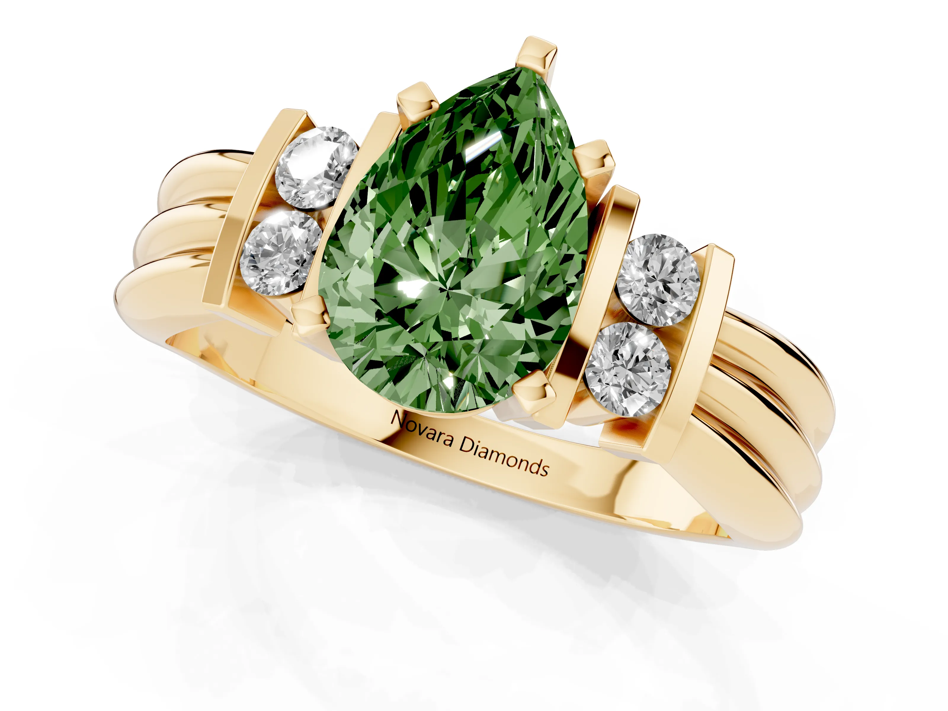 Fancy Green Three-Stone Pear Cut Diamond Channel Set Ring Set in Yellow gold with Bar Prongs