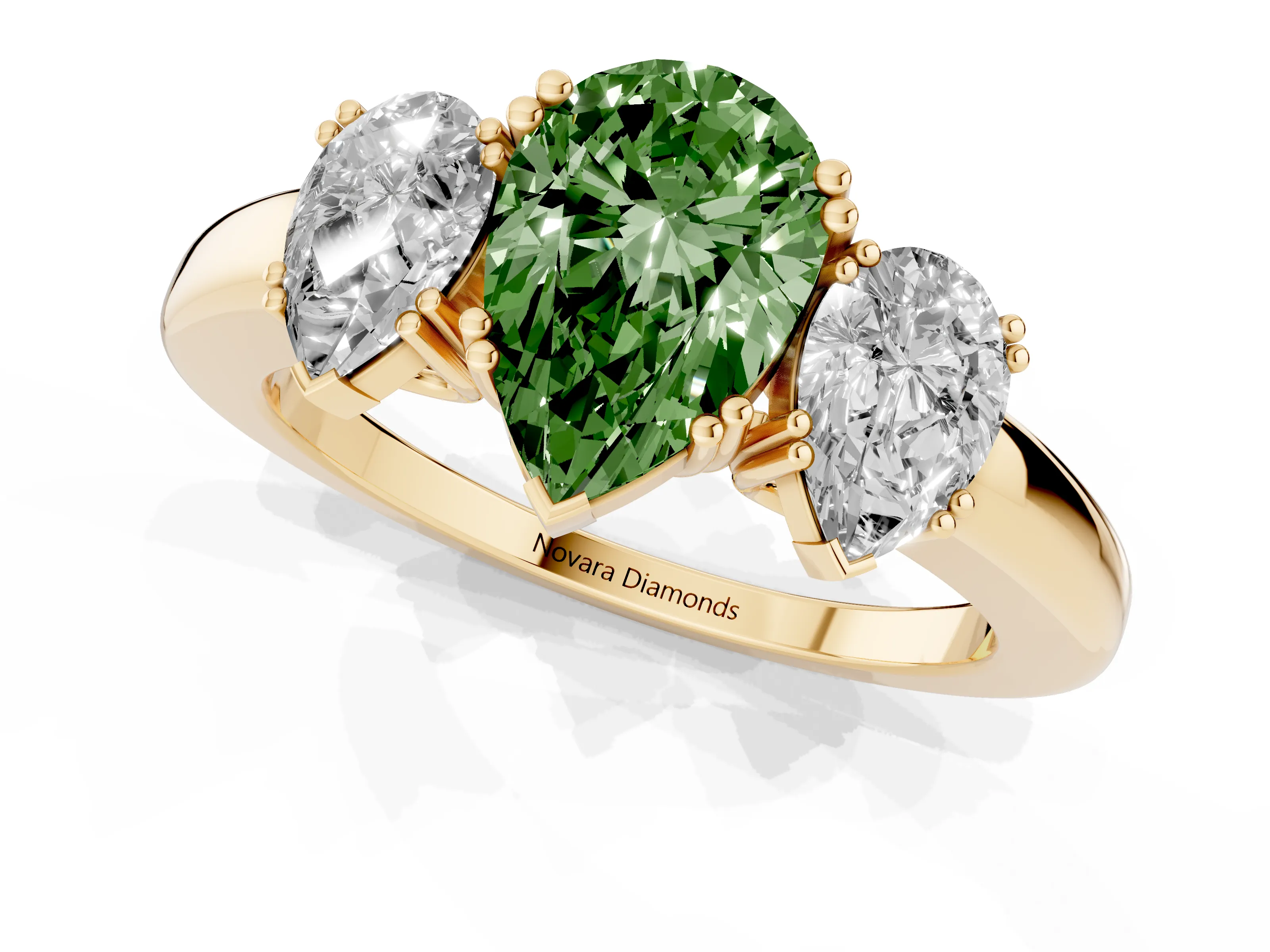 Fancy Green Pear Cut Diamond Three-Stone Ring Set in Yellow gold with Polished Channel-Set Band