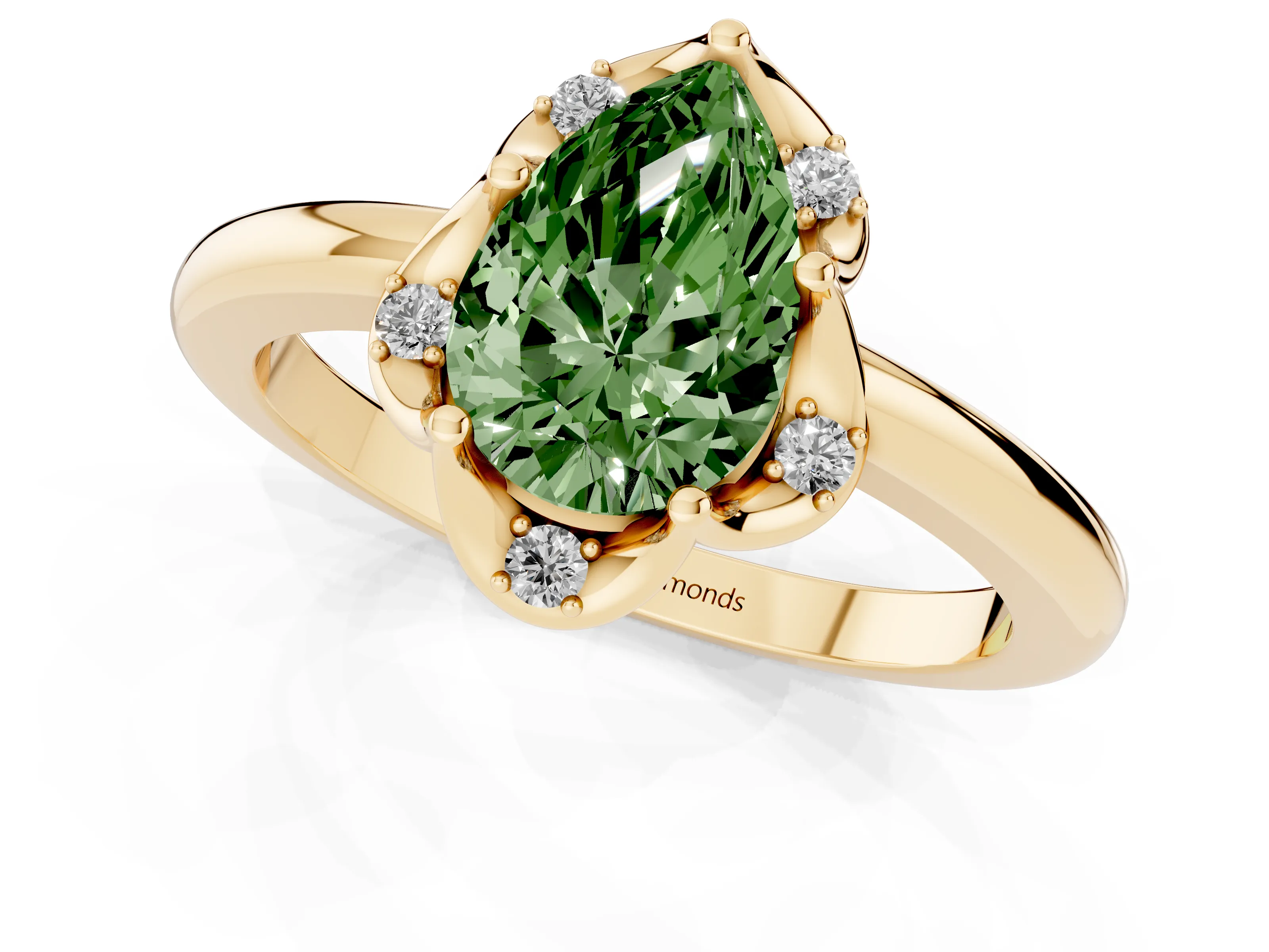 Fancy Green Pear Cut Diamond Round Cluster Halo Ring Set in Yellow gold with Solitaire Band and Prong Setting