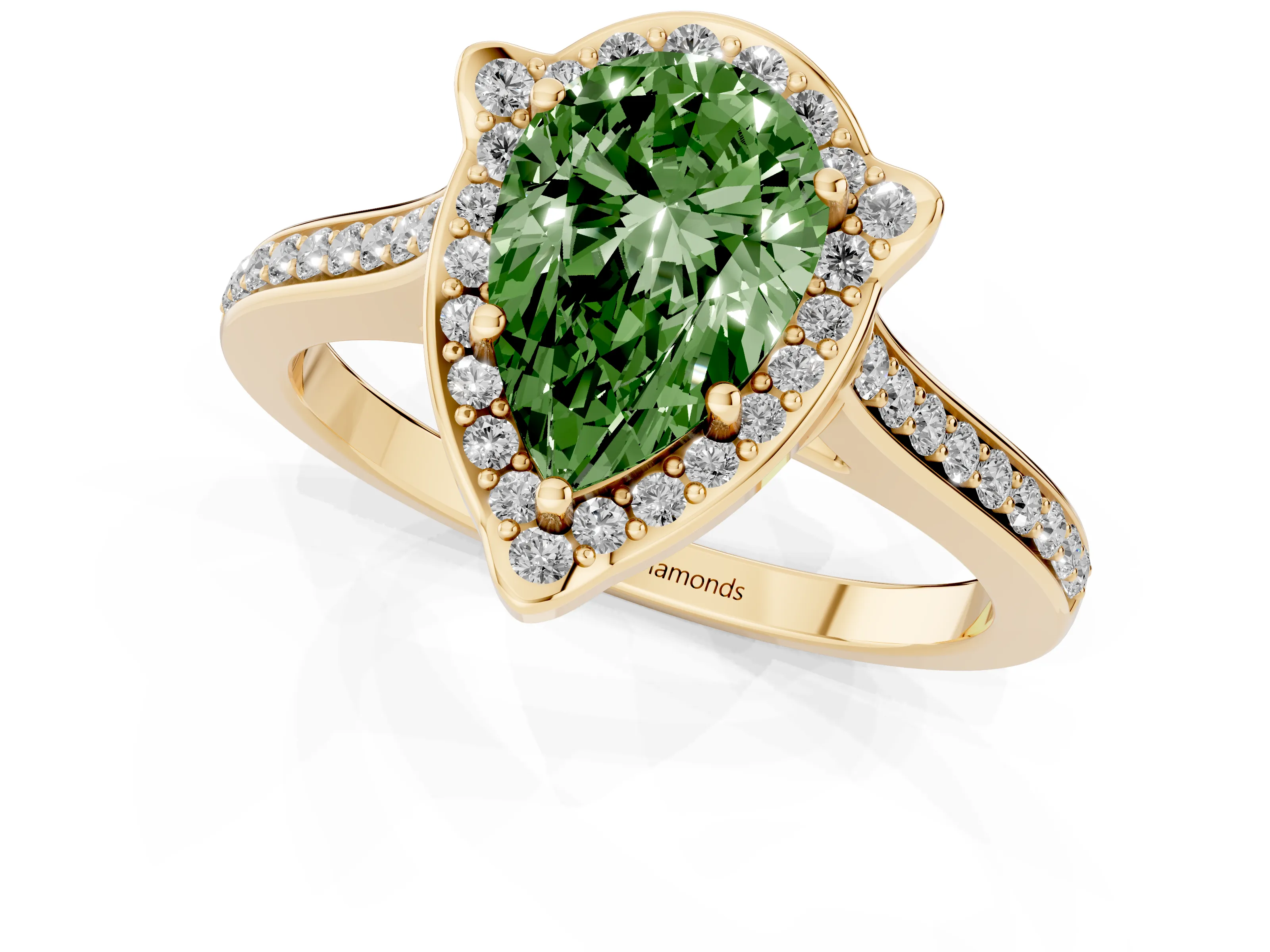 Fancy Green Pear Cut Diamond Halo Ring Set in Yellow gold with Pavé-Lined Shoulders and Prong Setting