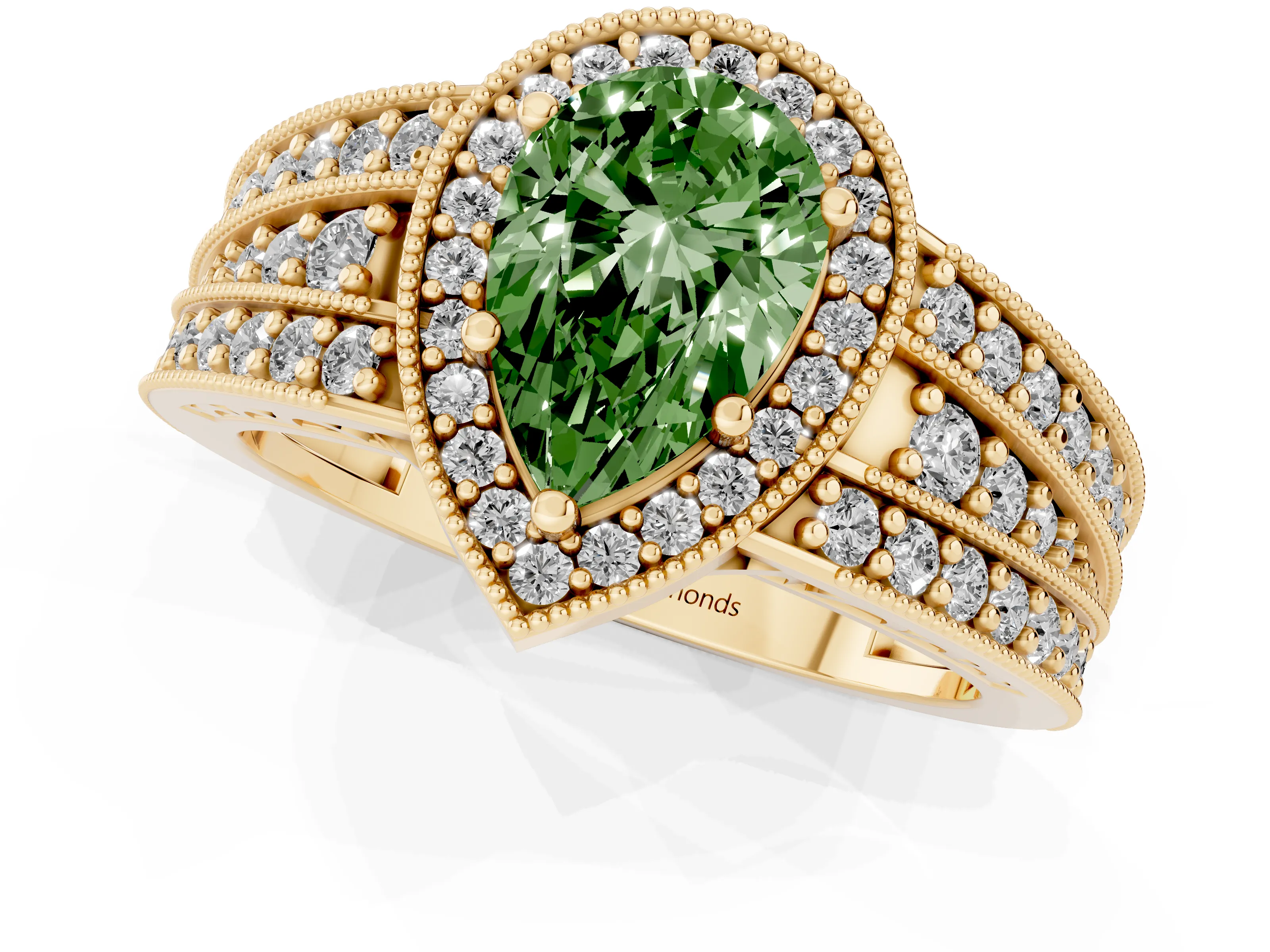 Fancy Green Pear Cut Diamond Halo Ring Set in Yellow gold with Accent Split Shank and Prong Setting