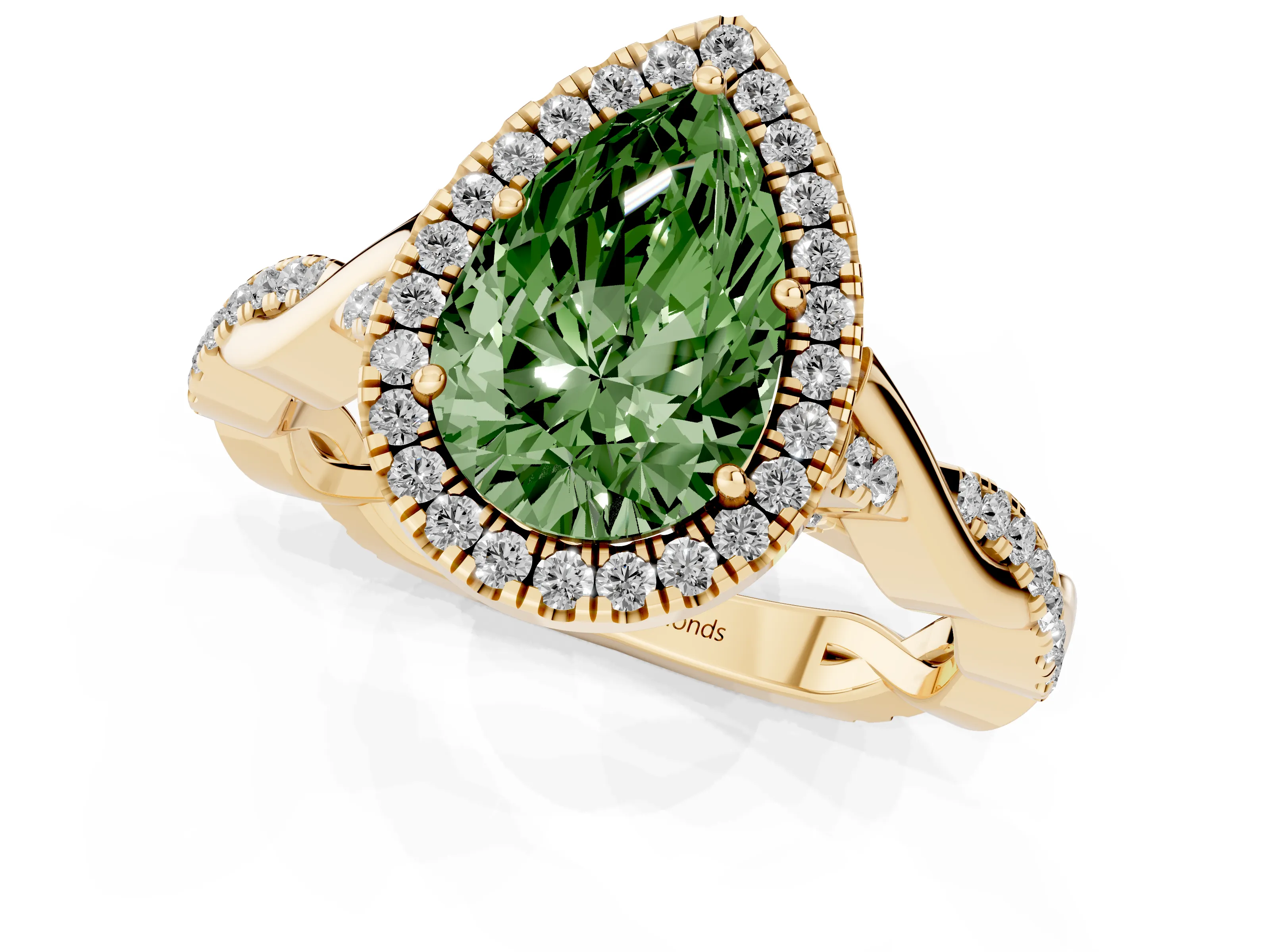 Fancy Green Pear Cut Diamond Halo Twist Band Solitaire Ring Set in Yellow gold with Prong Setting