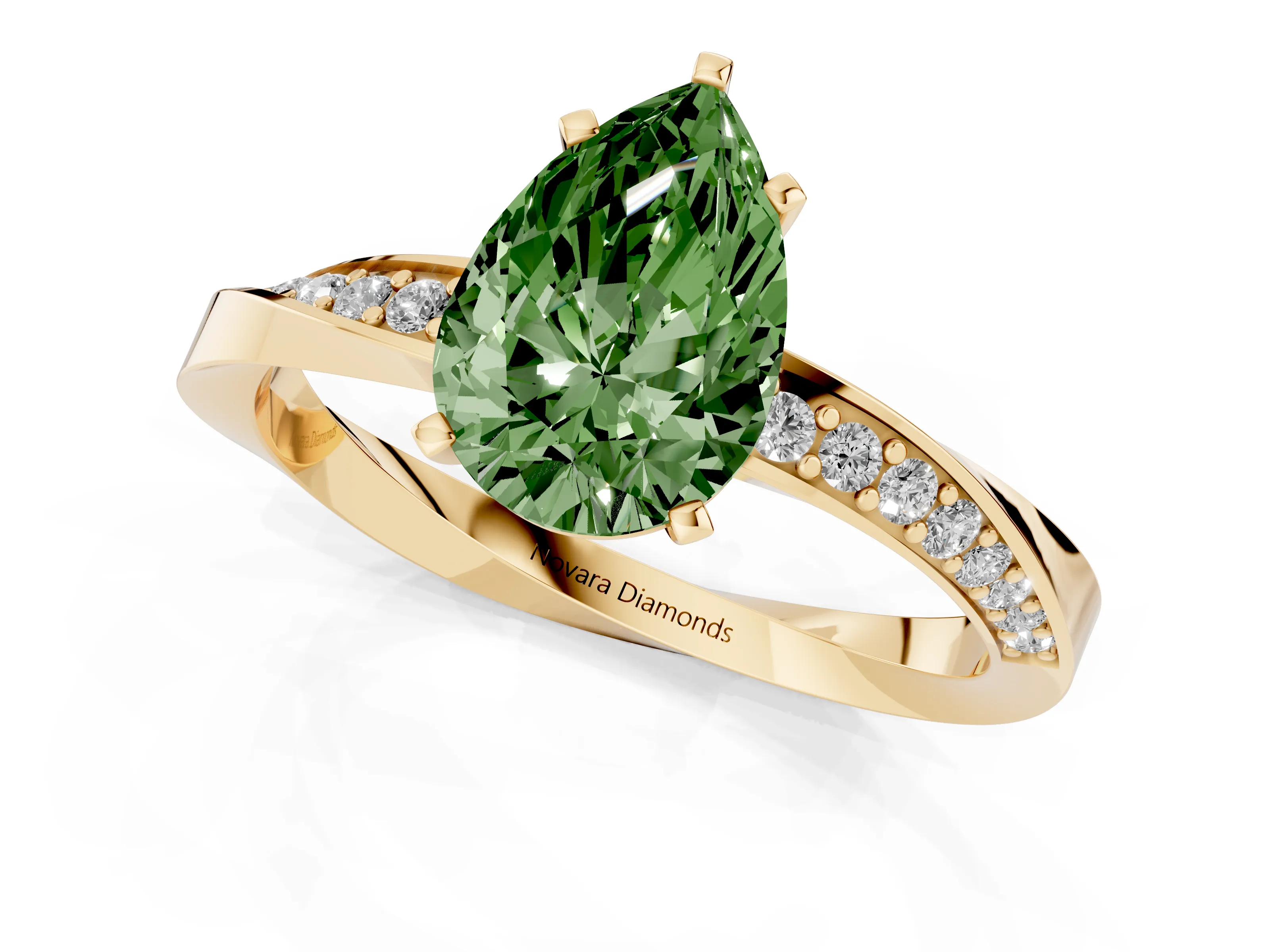 Fancy Green Pear Cut Diamond Engagement Ring Set in Yellow gold with Side Stone Accents and Prong Setting