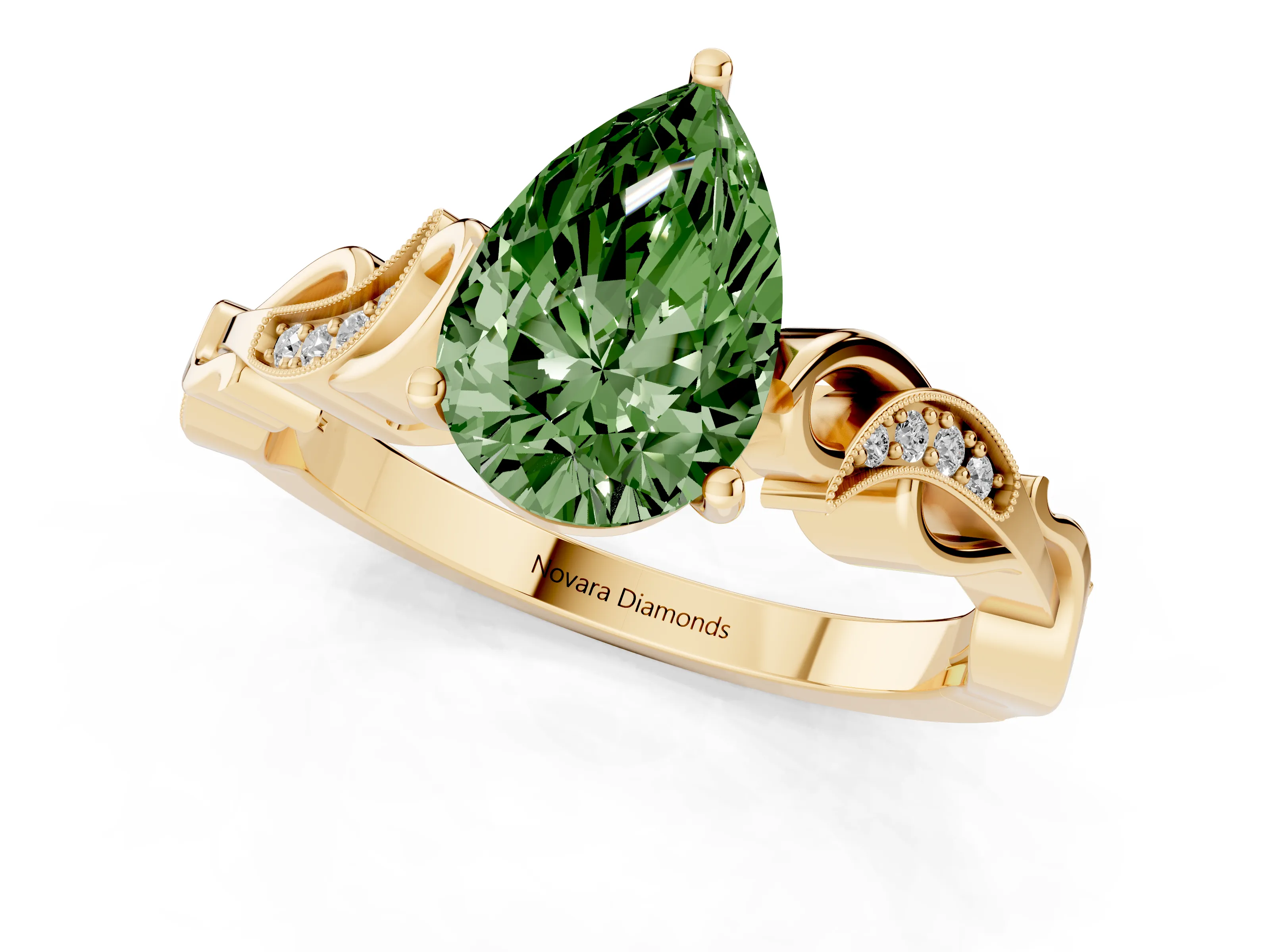 Fancy Green Pear Cut Diamond Vine Band Solitaire Ring Set in Yellow gold with Milgrain Prong Setting