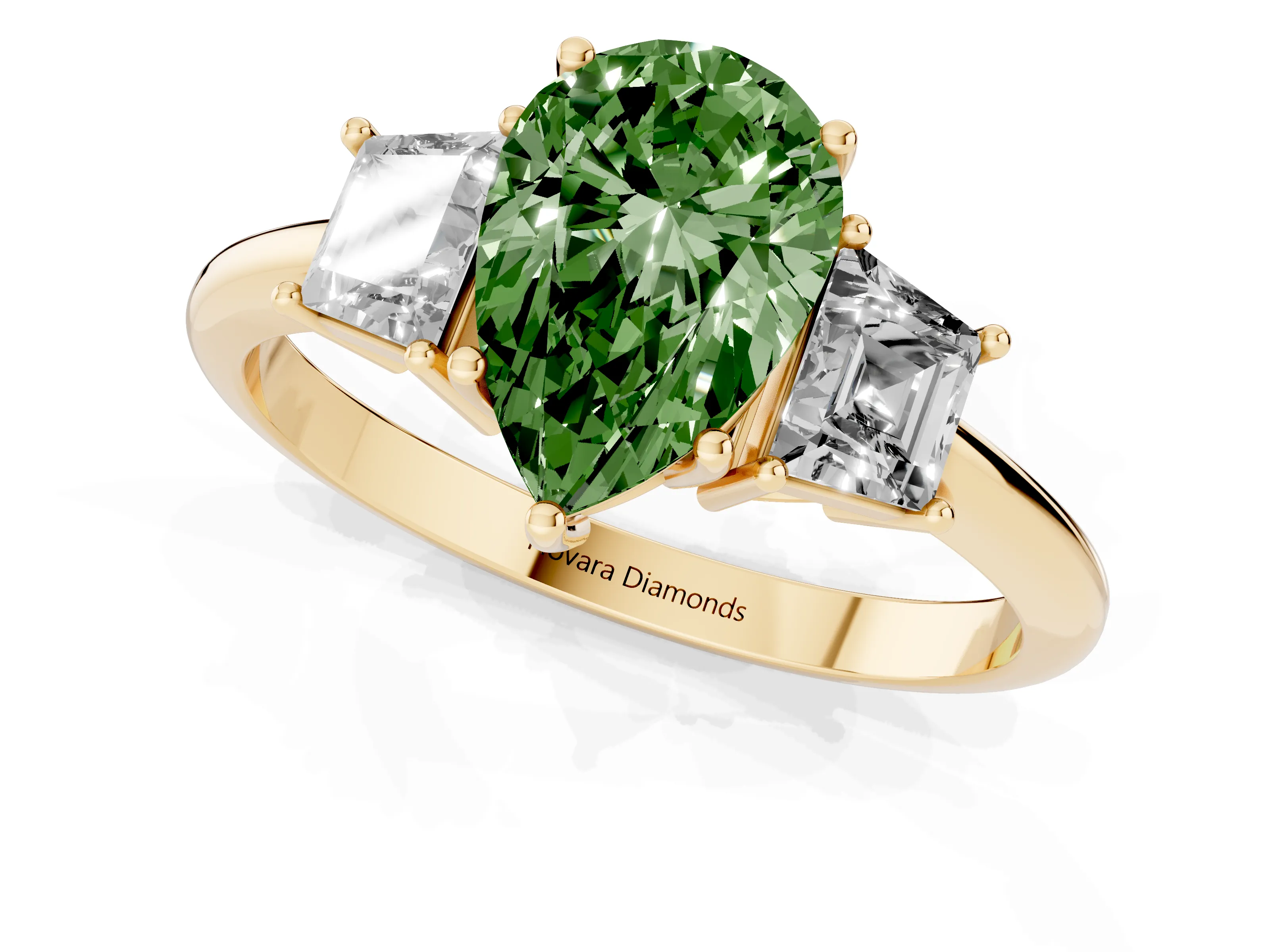 Fancy Green Pear Cut Diamond Three-Stone Ring Set in Yellow gold with Trapezoid Side Stones and Prong Setting