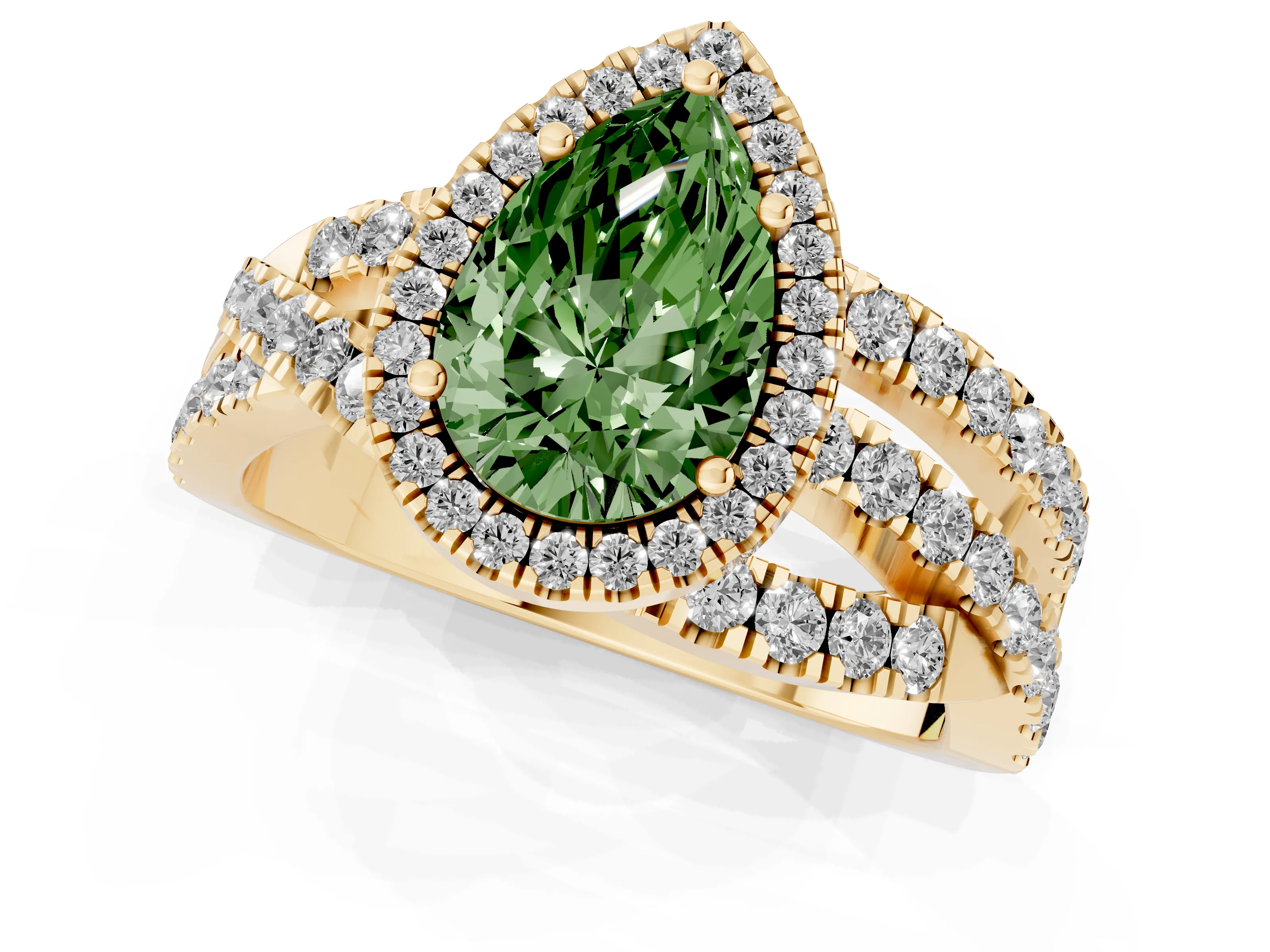 Fancy Green Pear Cut Diamond Halo Ring Set in Yellow gold with Round Crossover Split Shank and Prong Setting