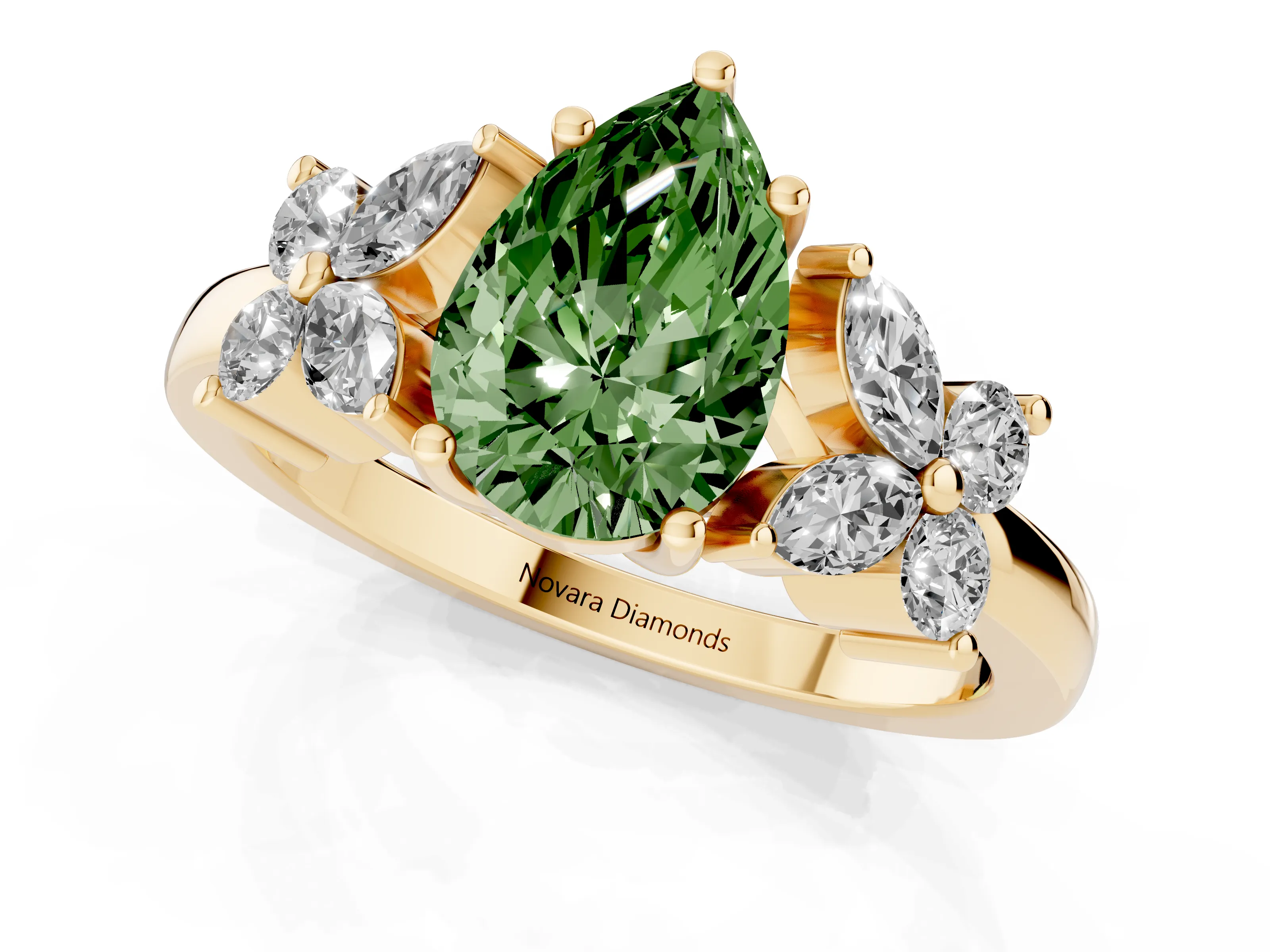 Fancy Green Pear Cut Diamond Floral Cluster Ring Set in Yellow gold with Marquise Petals and Prong Setting