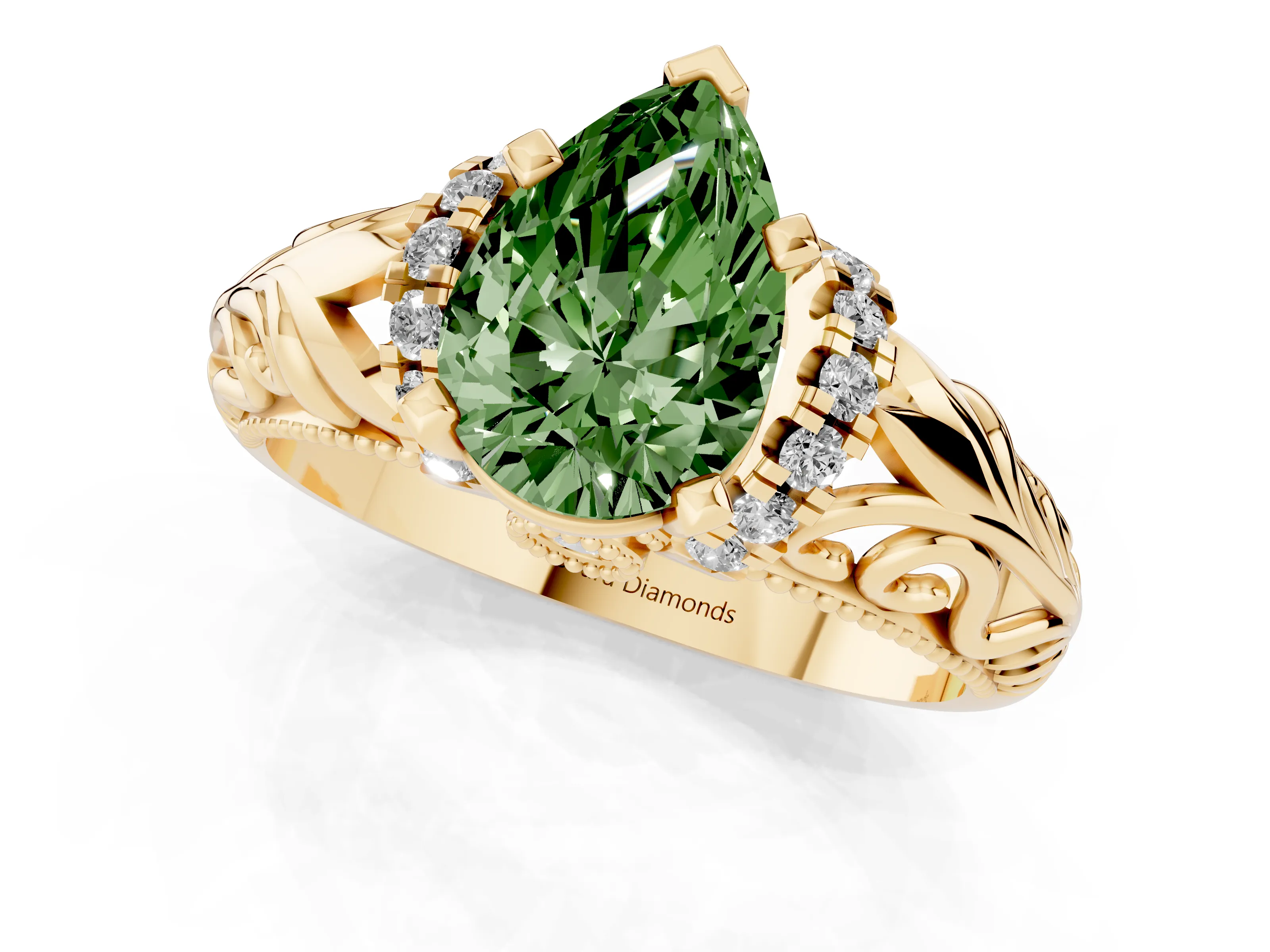Fancy Green Pear Cut Diamond Filigree Halo Engagement Ring Set in Yellow gold with Prong Setting