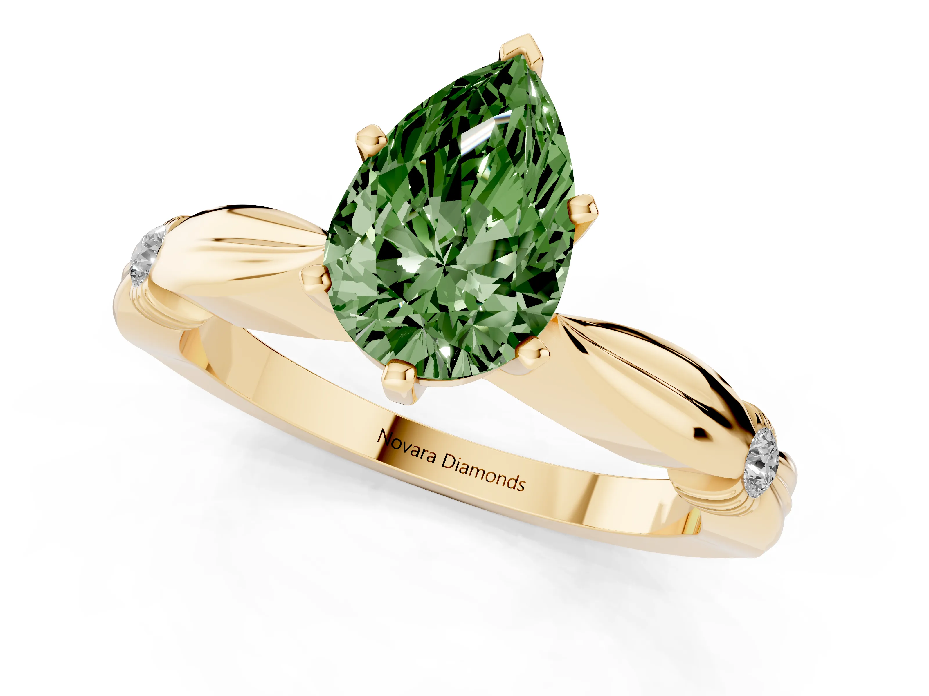 Fancy Green Pear Cut Diamond Solitaire Twisted Band Ring Set in Yellow gold with Accent Stones and Prong Setting