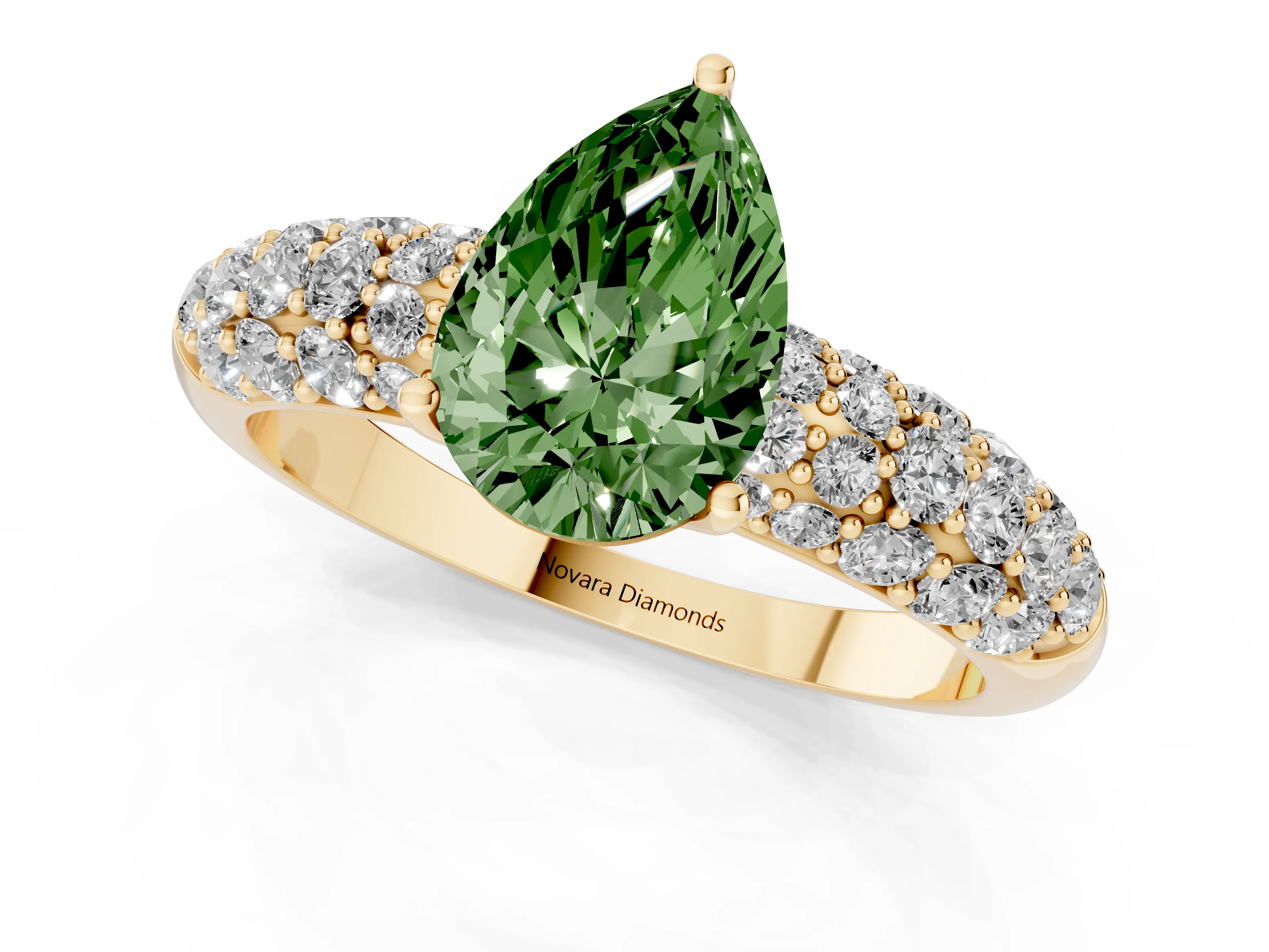 Fancy Green Pear Cut Diamond Pavé Band Solitaire Ring Set in Yellow gold with Close-Set Accent Stones and Prong Setting