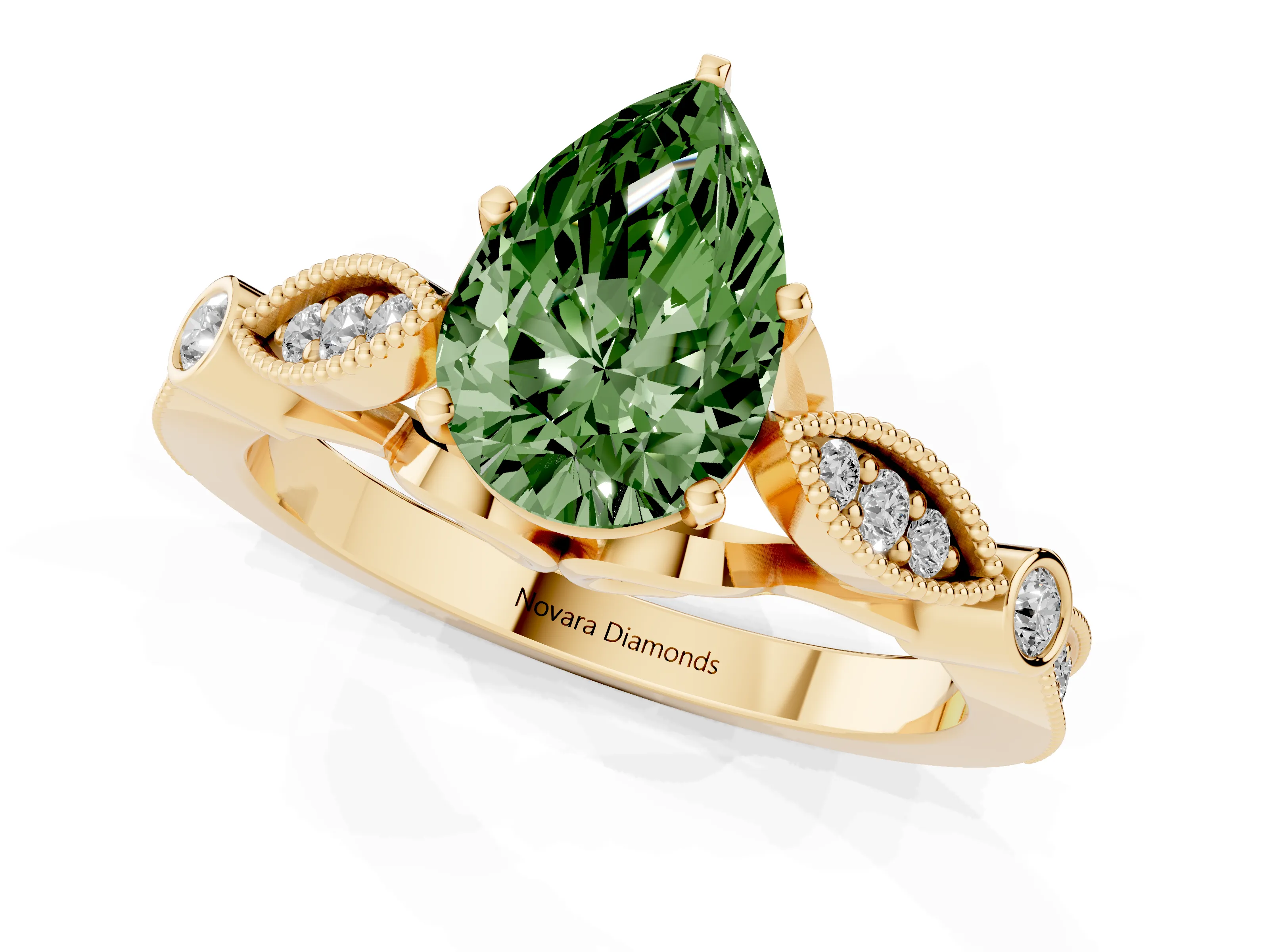 Fancy Green Pear Cut Diamond Solitaire Ring Set in Yellow gold with Milgrain Marquise and Bezel Accents