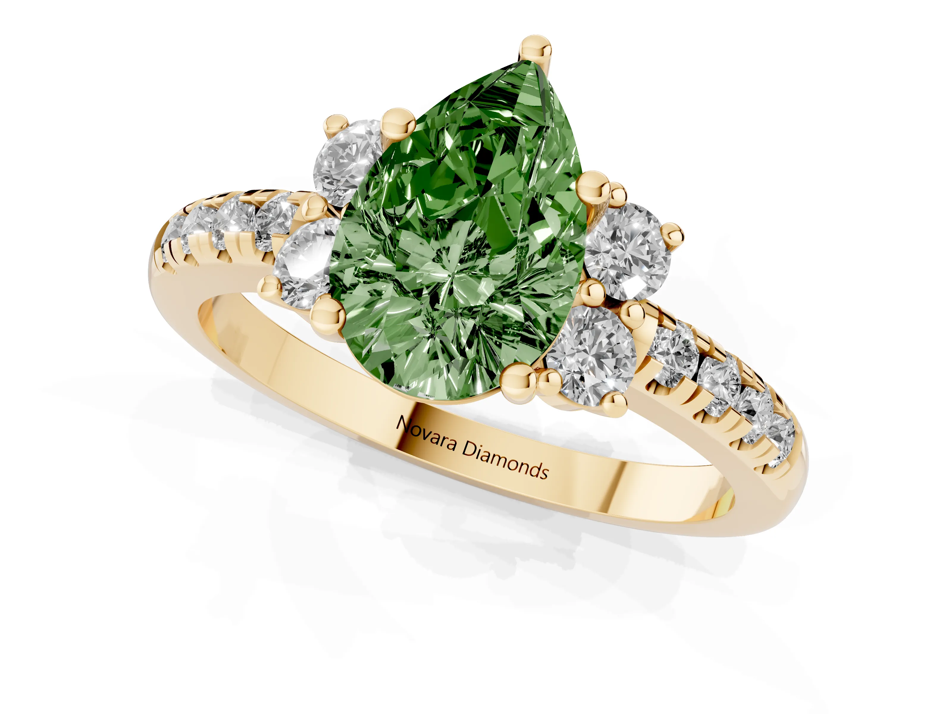 Fancy Green Pear Cut Diamond Three-Stone Pavé Ring Set in Yellow gold with Prong Setting