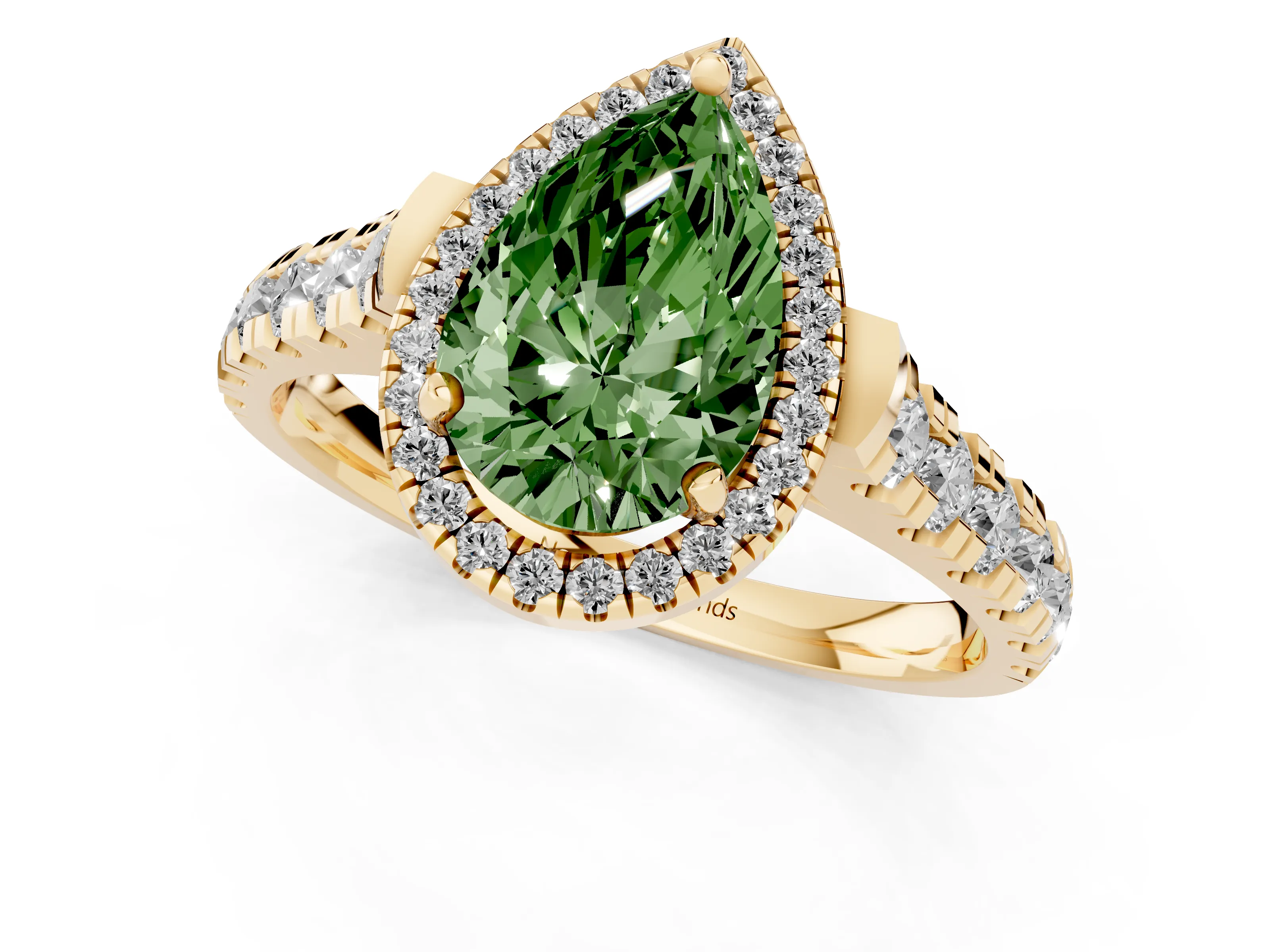 Fancy Green Pear Cut Diamond Halo Engagement Ring Set in Yellow gold with Pavé Band and Prong-Set Center