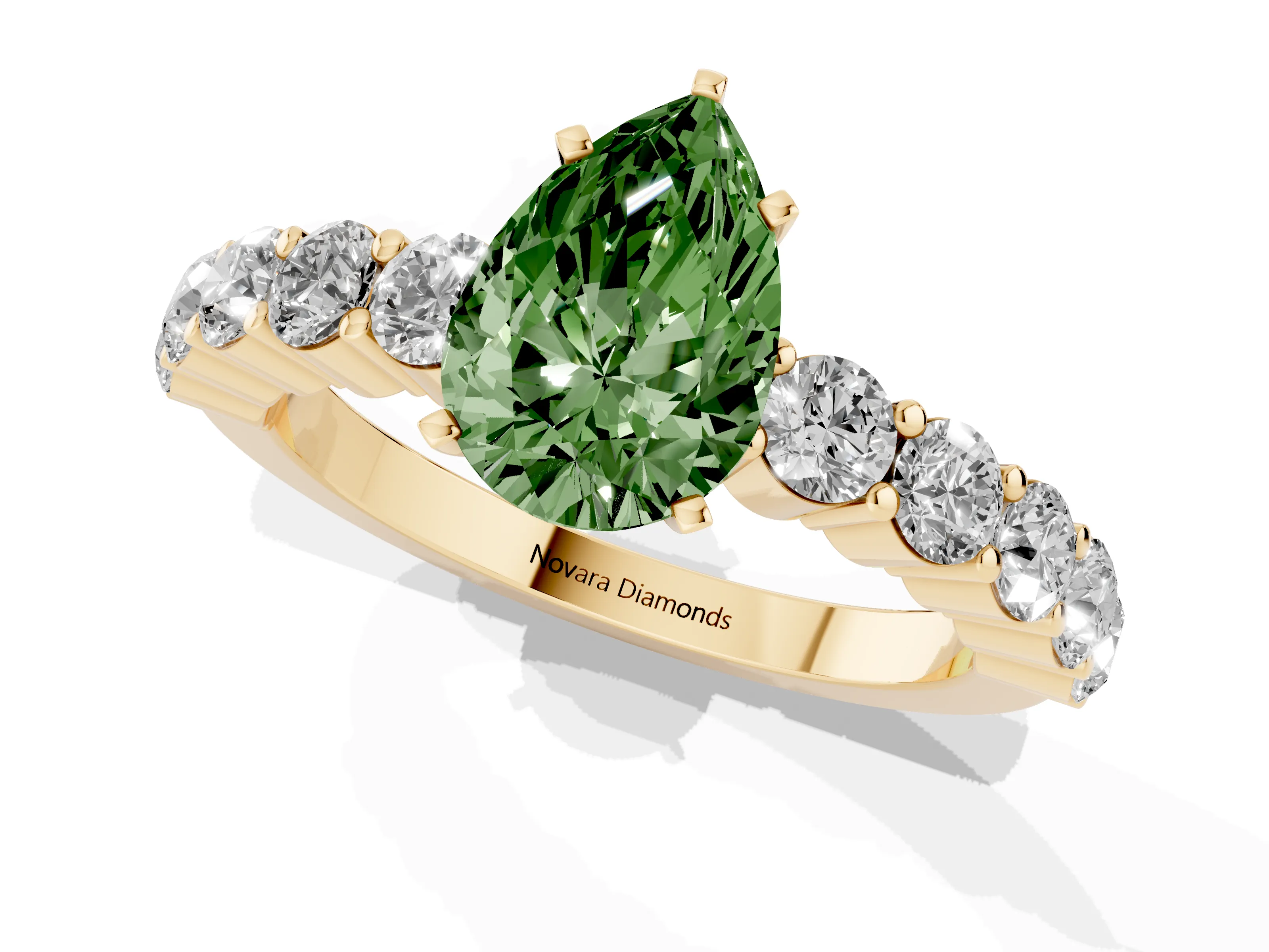 Fancy Green Pear Cut Diamond Solitaire Ring Set in Yellow gold with Shared Prong Round Side Stones
