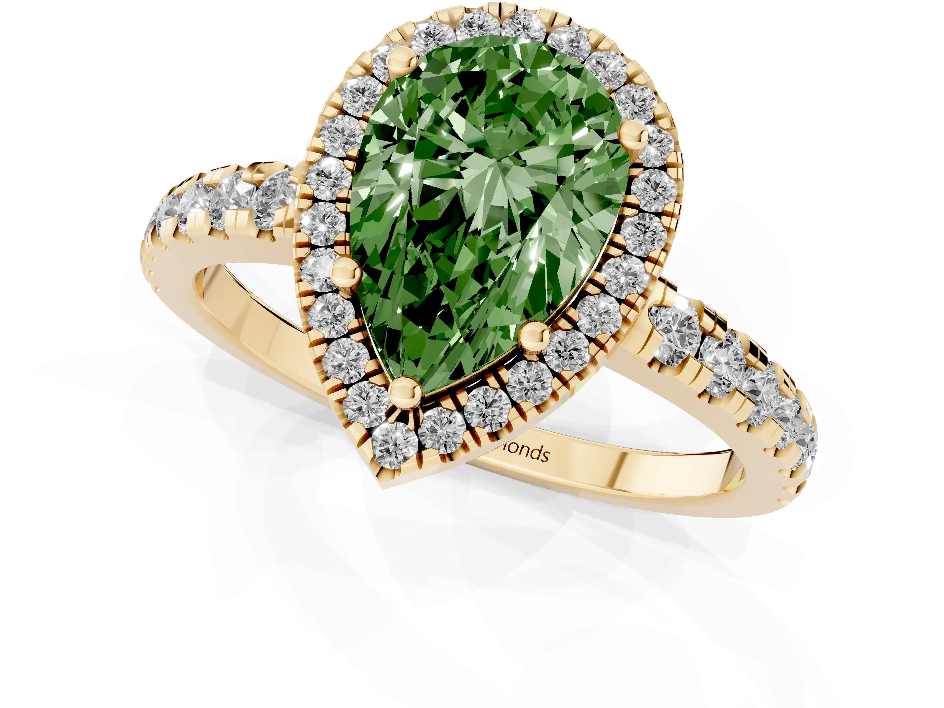 Fancy Green Pear Cut Diamond Halo Ring Set in Yellow gold with Delicate Pavé Band and Prong Setting