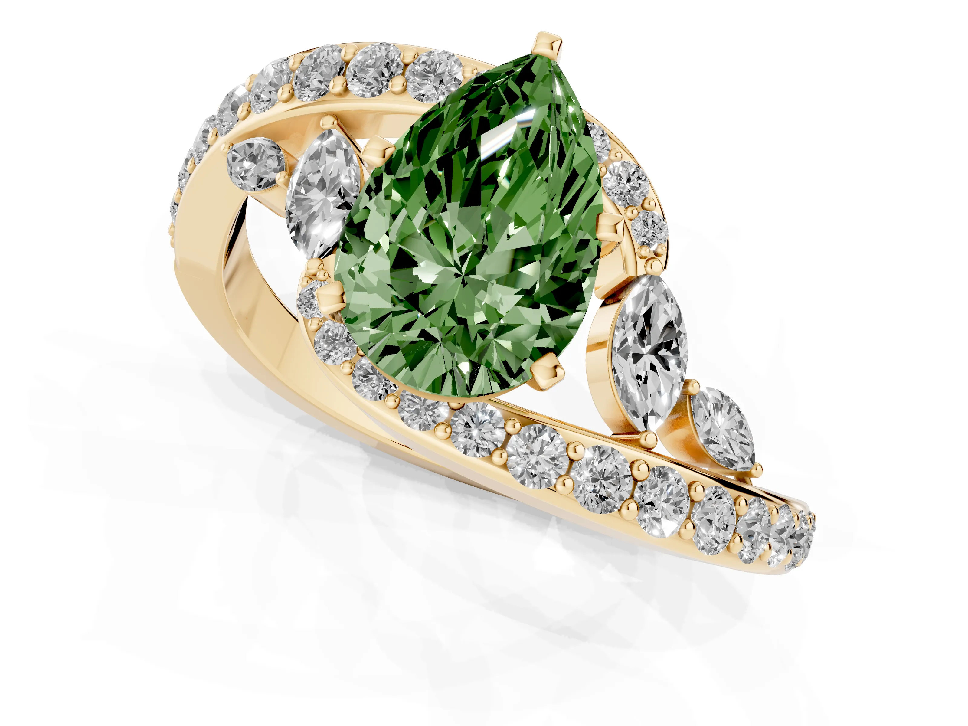 Fancy Green Pear Cut Diamond Solitaire Ring Set in Yellow gold with Pavé Twist Band and Secure Prong Setting