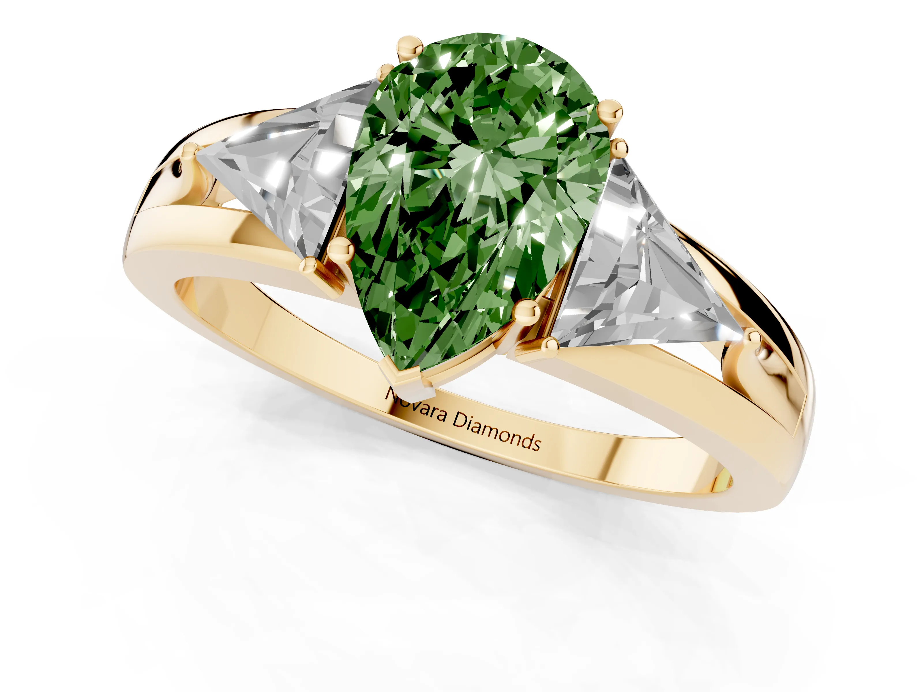 Fancy Green Pear Cut Diamond Three-Stone Ring Set in Yellow gold with Trillion Side Stones and Split Shank
