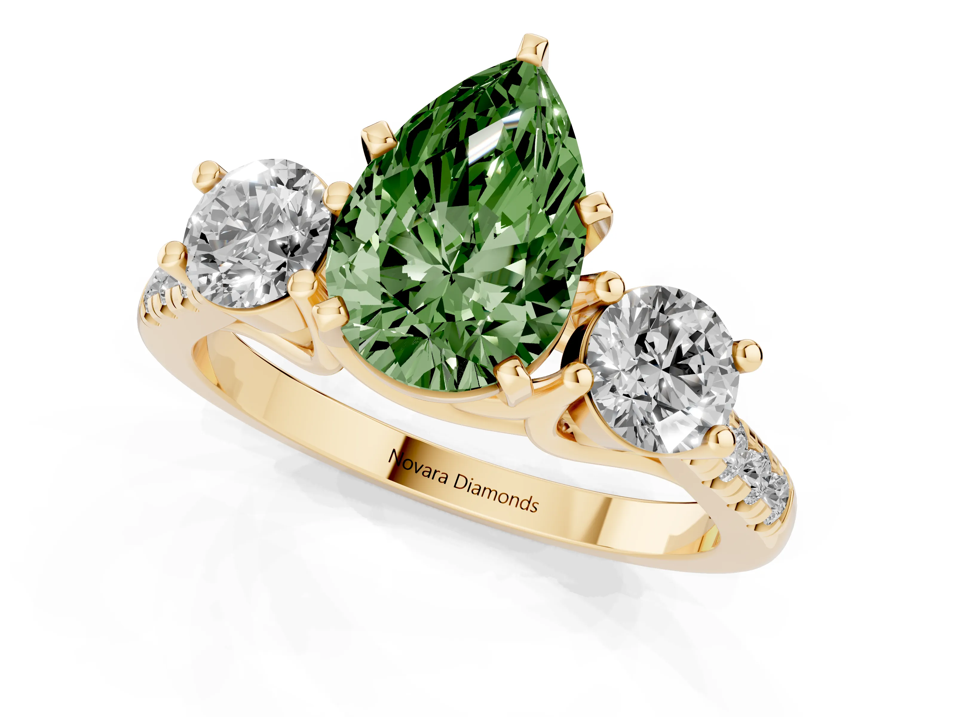 Fancy Green Three-Stone Pear Cut Diamond Pavé Band Ring Set in Yellow gold with Prong-Set Trio