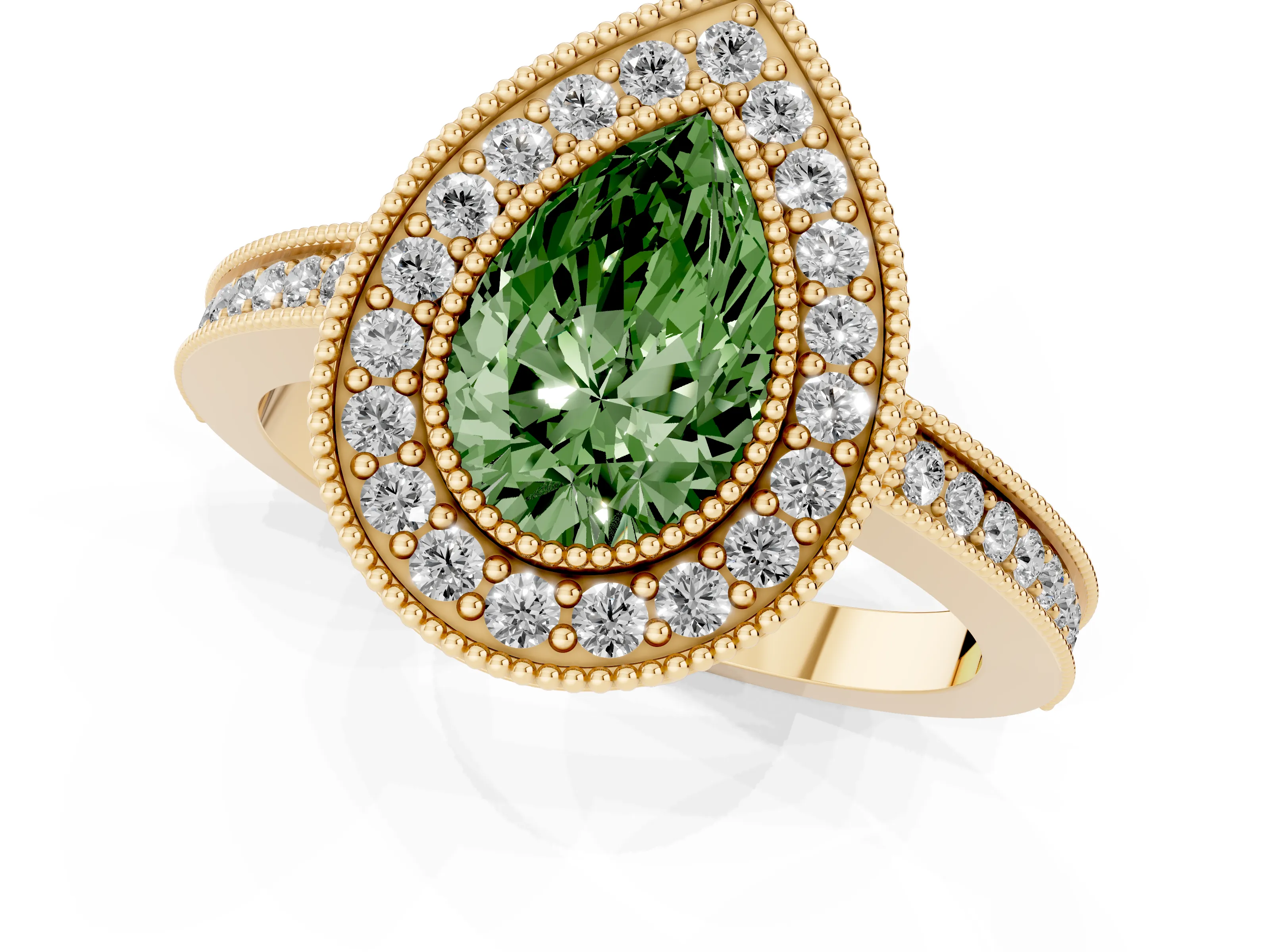 Fancy Green Pear Cut Diamond Halo Ring Set in Yellow gold with Pavé Band and Milgrain-Edged Prongs