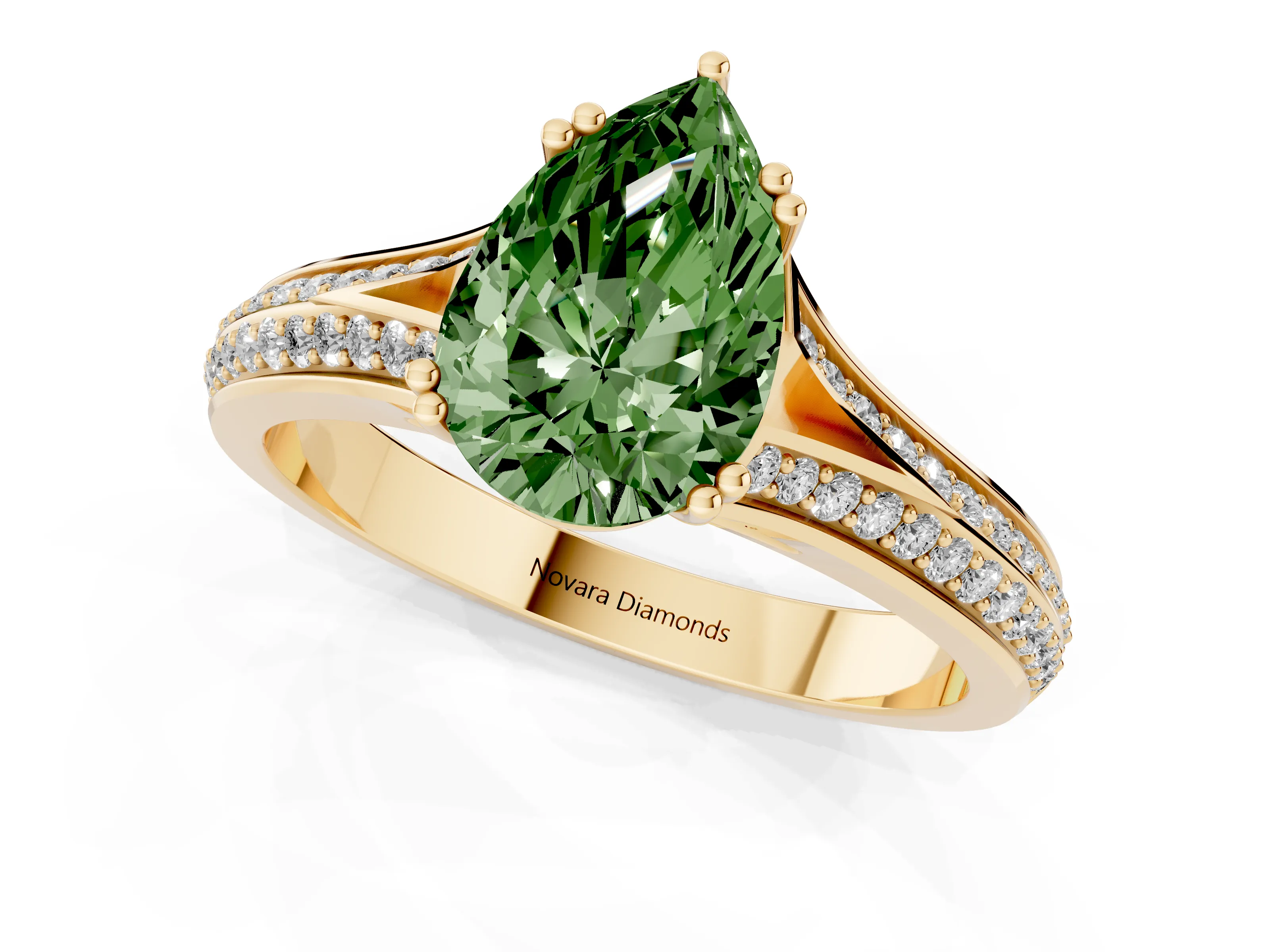 Fancy Green Pear Cut Diamond Split Shank Pavé Engagement Ring Set in Yellow gold with Prong-Set Center Stone