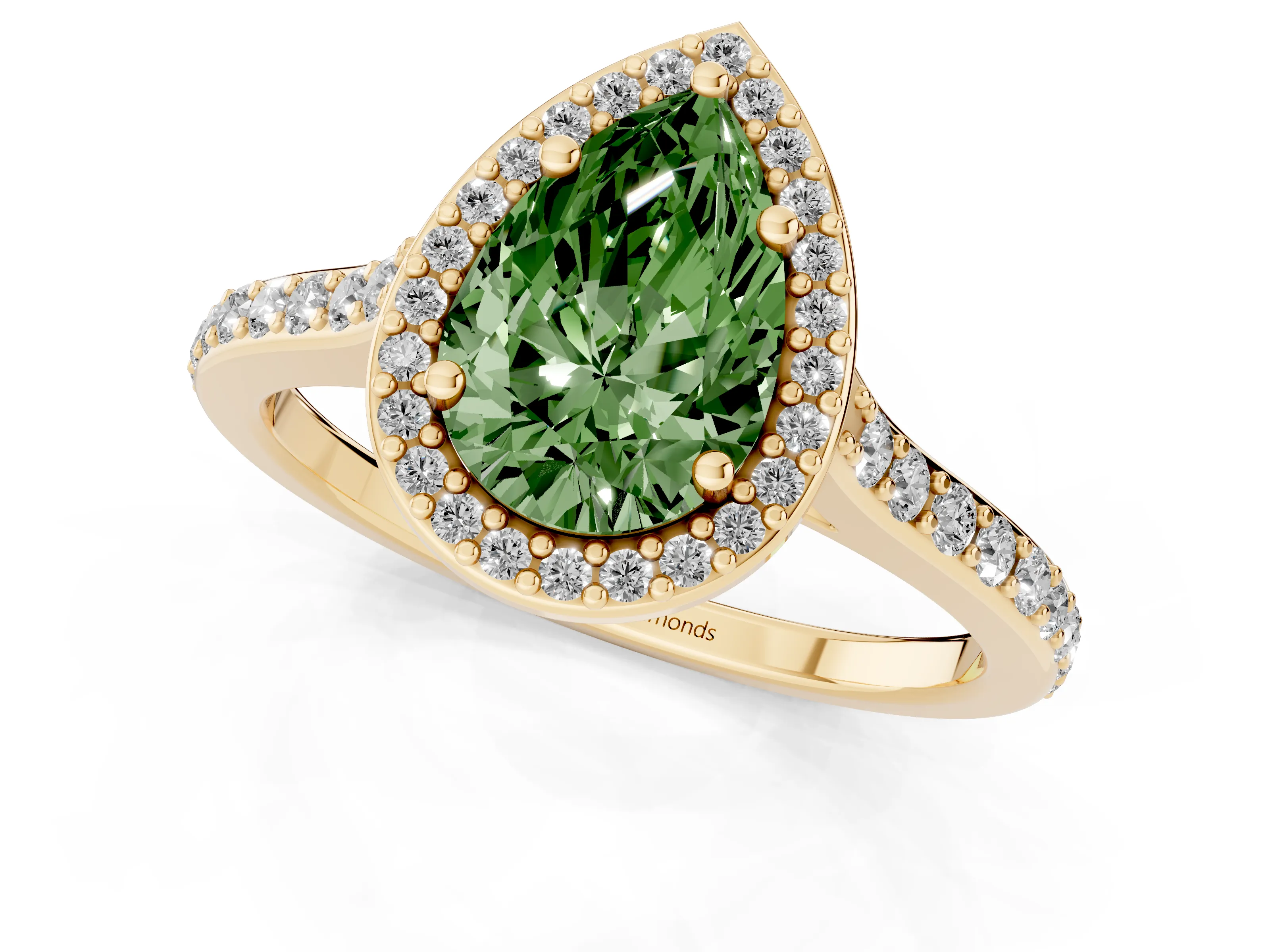 Fancy Green Pear Cut Diamond Halo Engagement Ring Set in Yellow gold with Round Pavé Shoulders and Heart Gallery