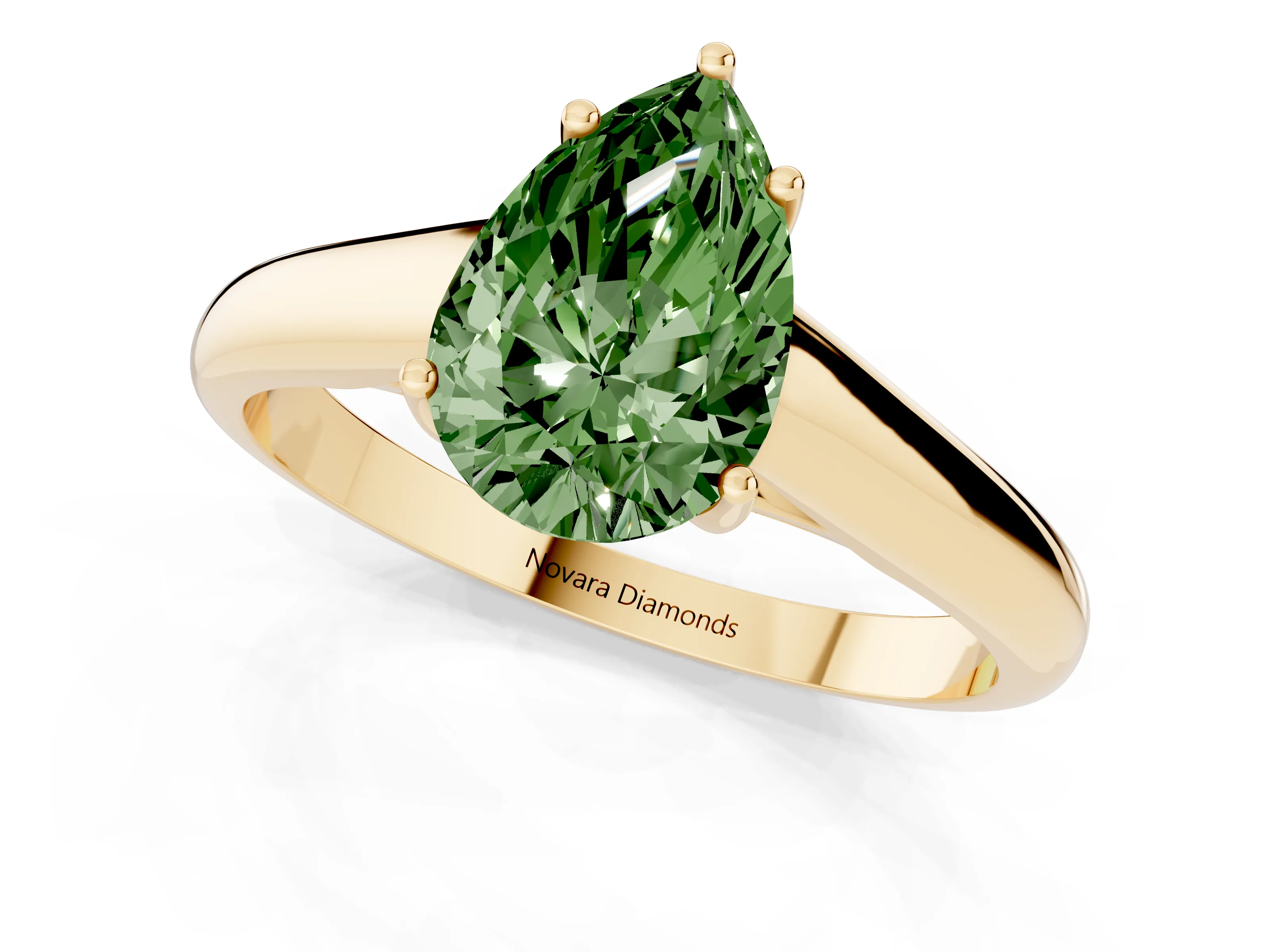 Fancy Green Pear Cut Diamond Solitaire Engagement Ring Set in Yellow gold with Subtly Tapered Band and Prong Setting