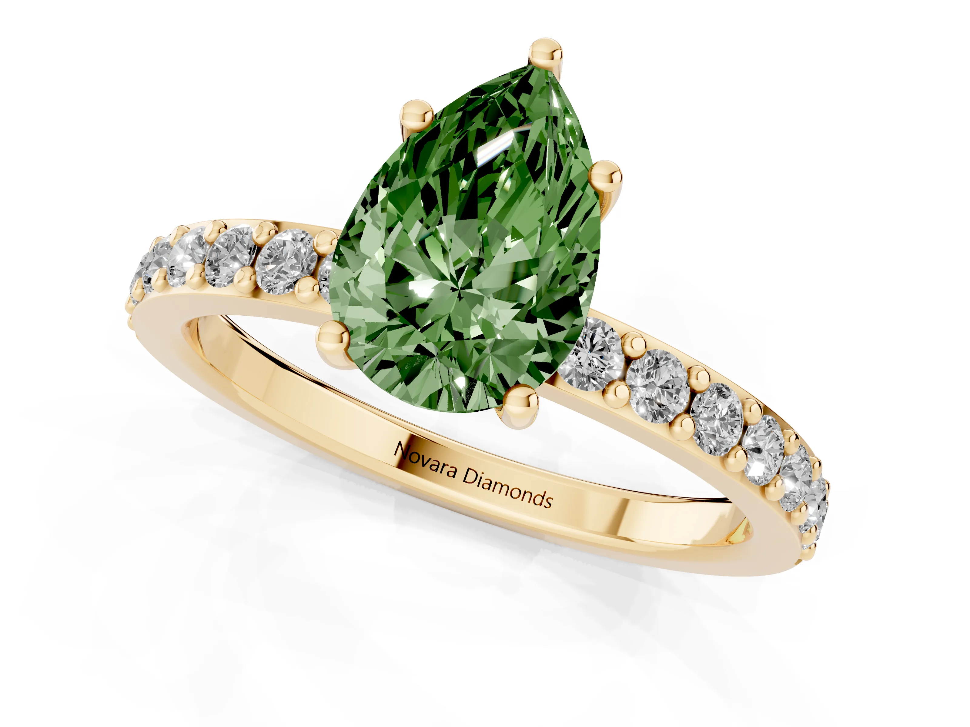Fancy Green Pear Cut Diamond Solitaire Set in Yellow gold with Round Pavé Band and Prong Setting