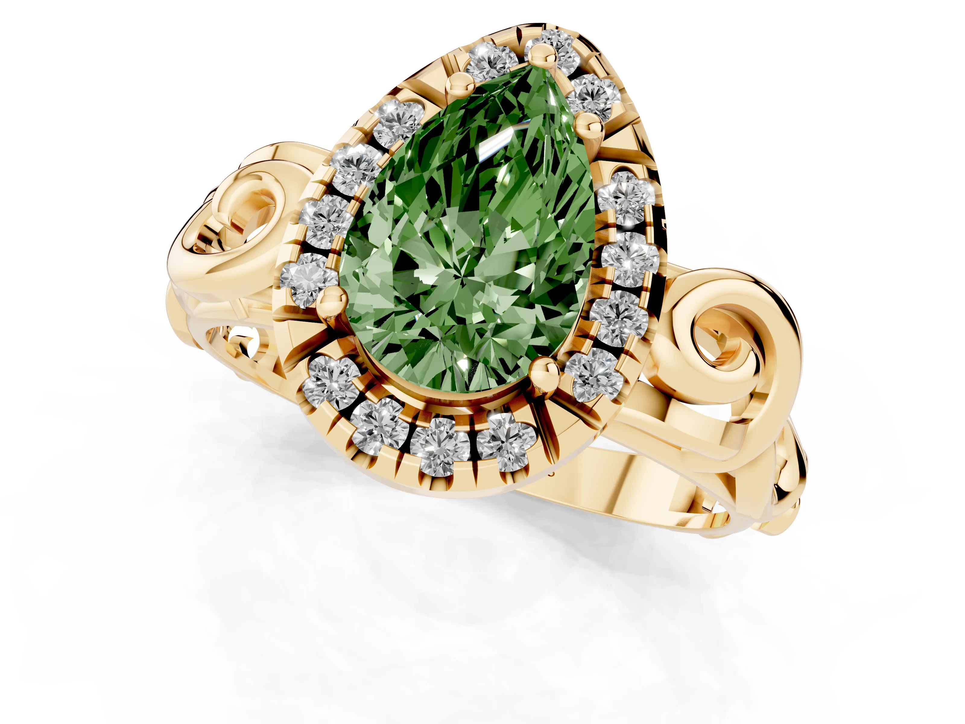 Fancy Green Pear Cut Diamond Halo Ring Set in Yellow gold with Scrollwork Band and Prong Setting