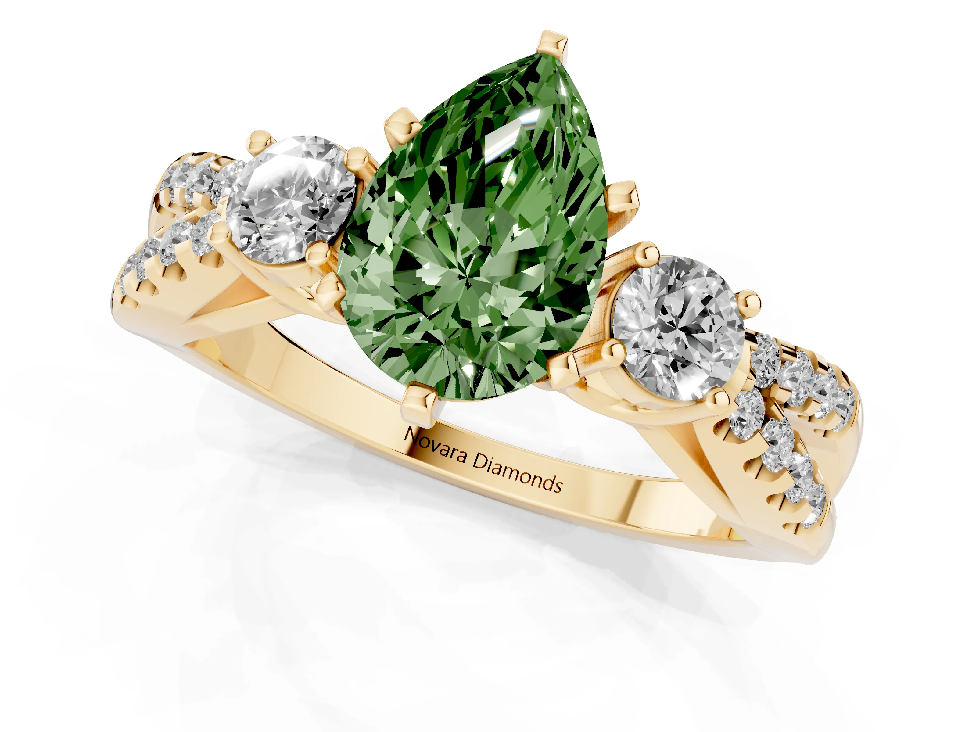 Fancy Green Pear Cut Diamond Three-Stone Ring Set in Yellow gold with Pavé Split Shank and Prong Setting