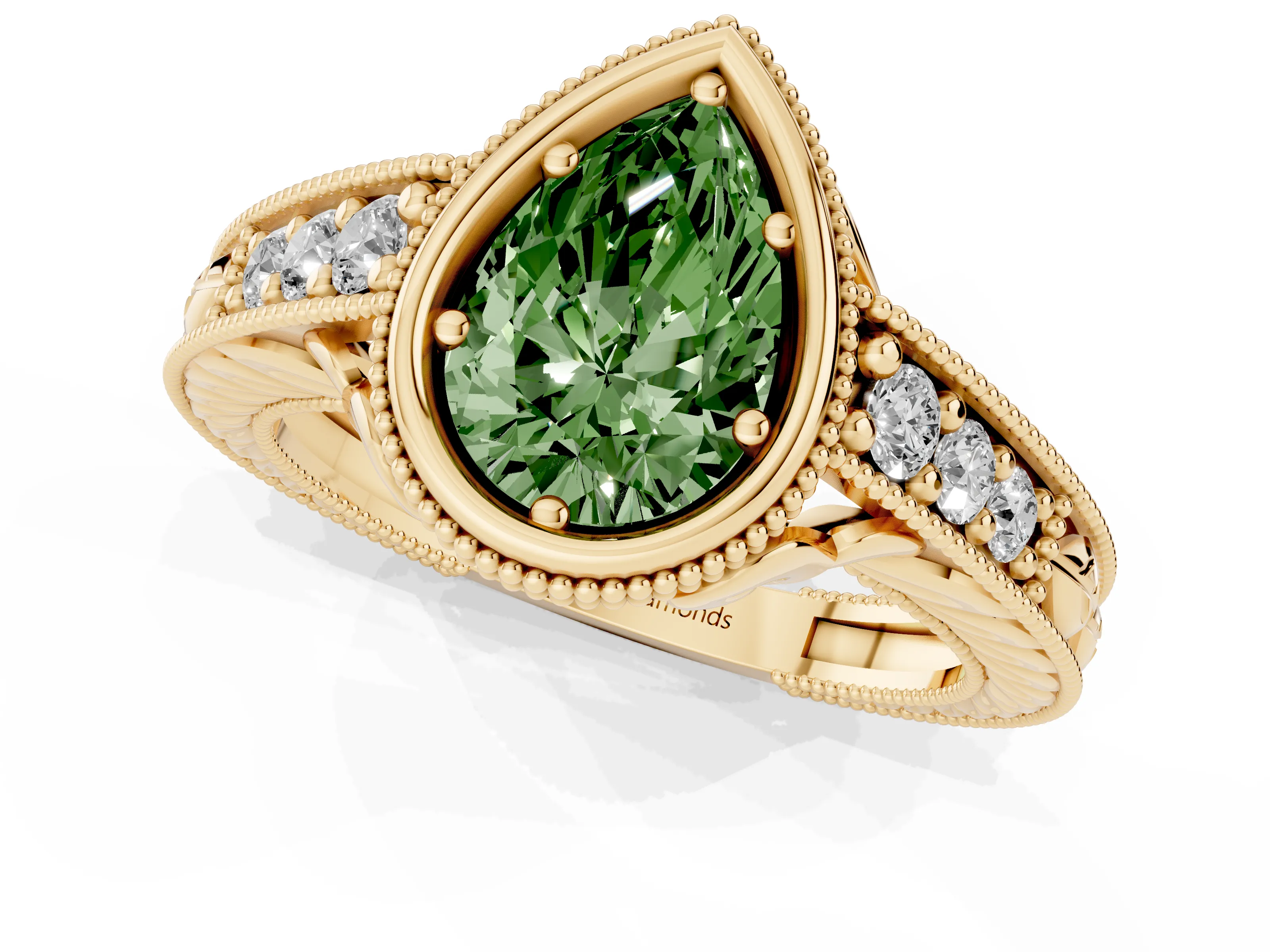 Fancy Green Bezel Set Pear Cut Diamond Milgrain Pavé Engagement Ring Set in Yellow gold
