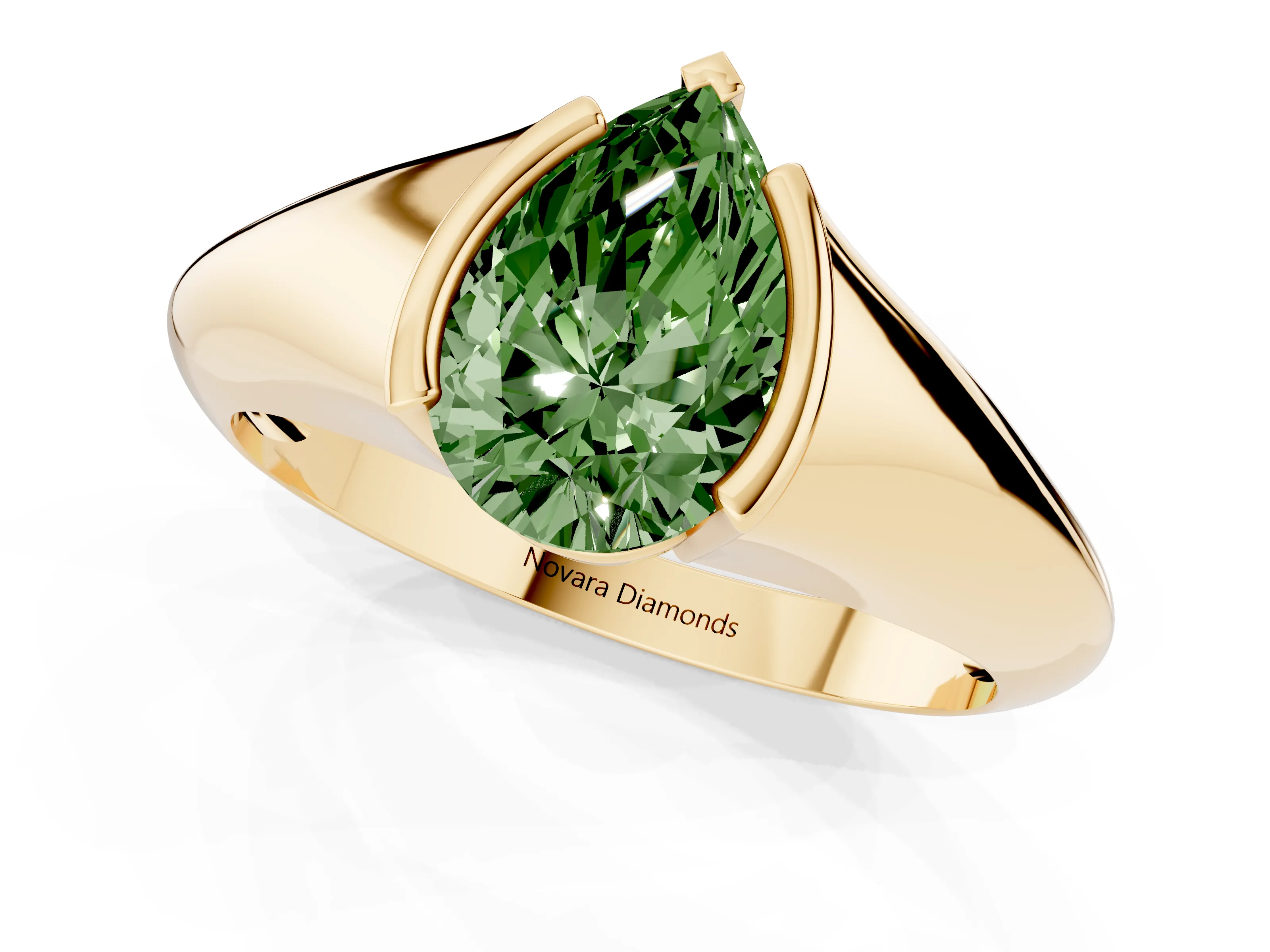 Fancy Green Pear Cut Diamond Solitaire Tension Set Ring Set in Yellow gold