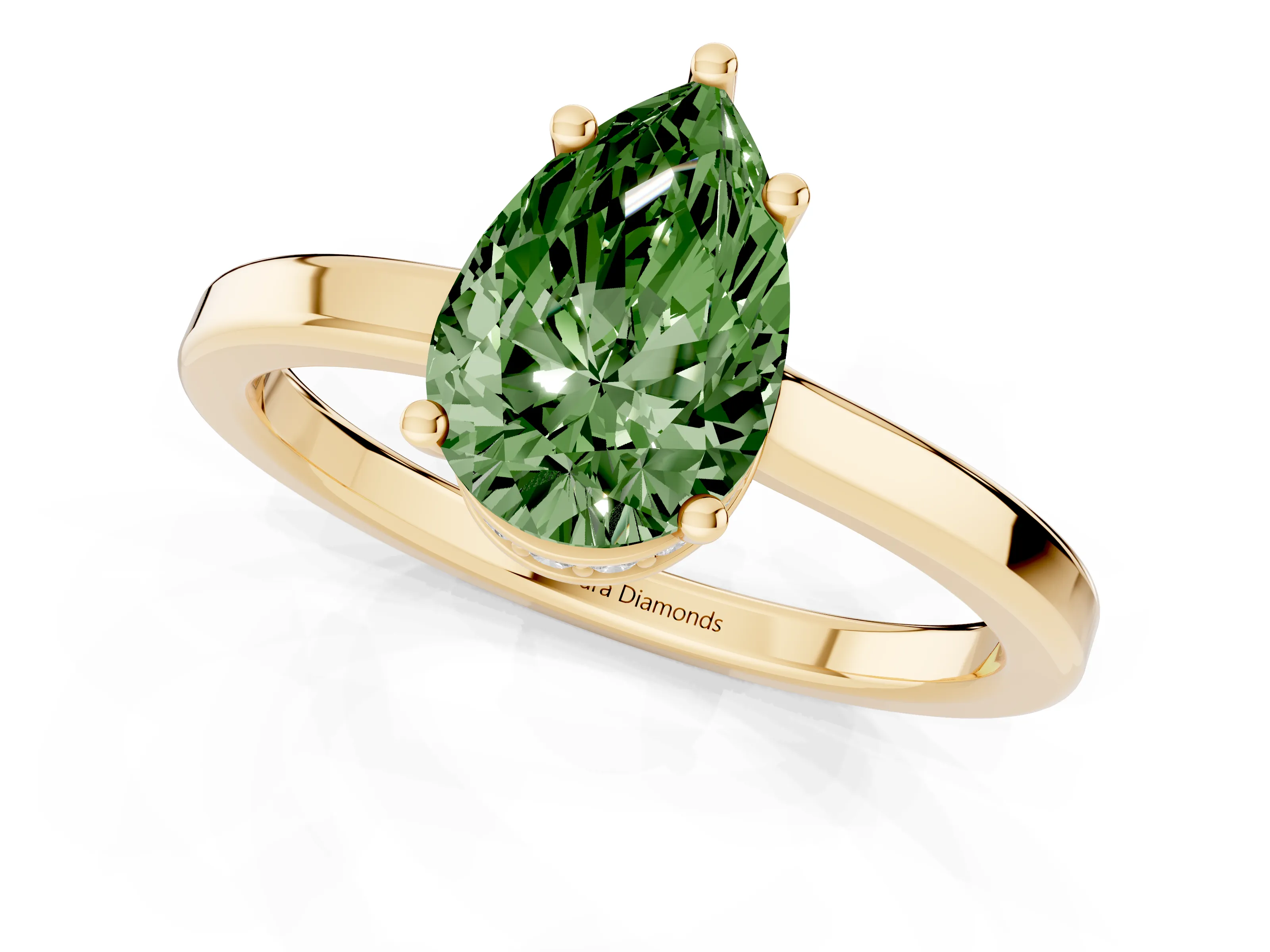 Fancy Green Pear Cut Diamond Solitaire Engagement Ring Set in Yellow gold with Prong Setting on a Plain Band