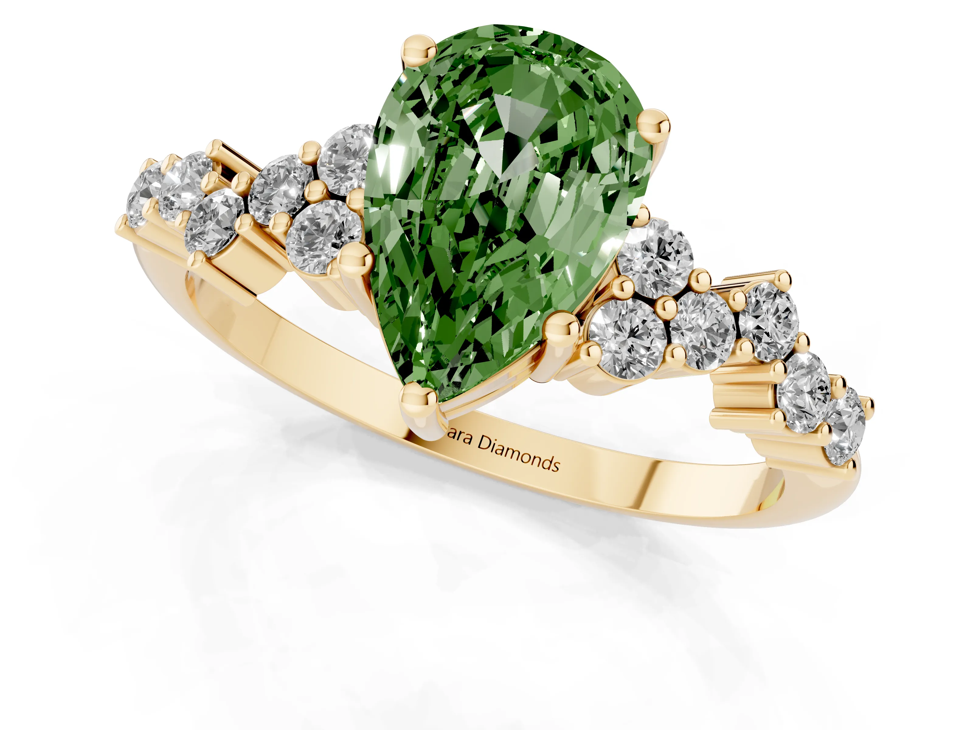 Fancy Green Pear Cut Diamond Ring Set in Yellow gold with Scattered Round Accents
