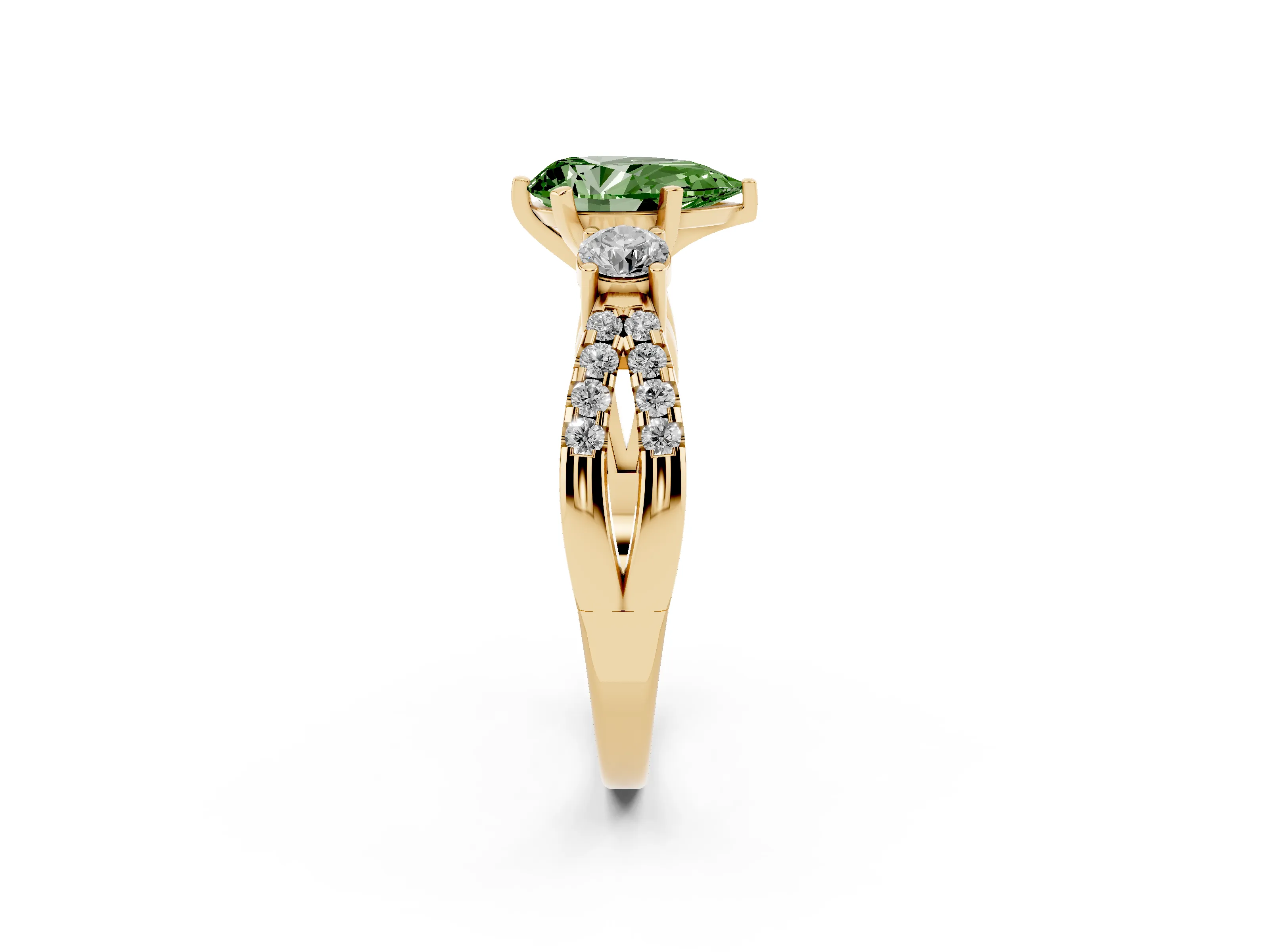Fancy Green Pear Cut Diamond Three-Stone Ring Set in Yellow gold with Pavé Split Shank and Prong Setting