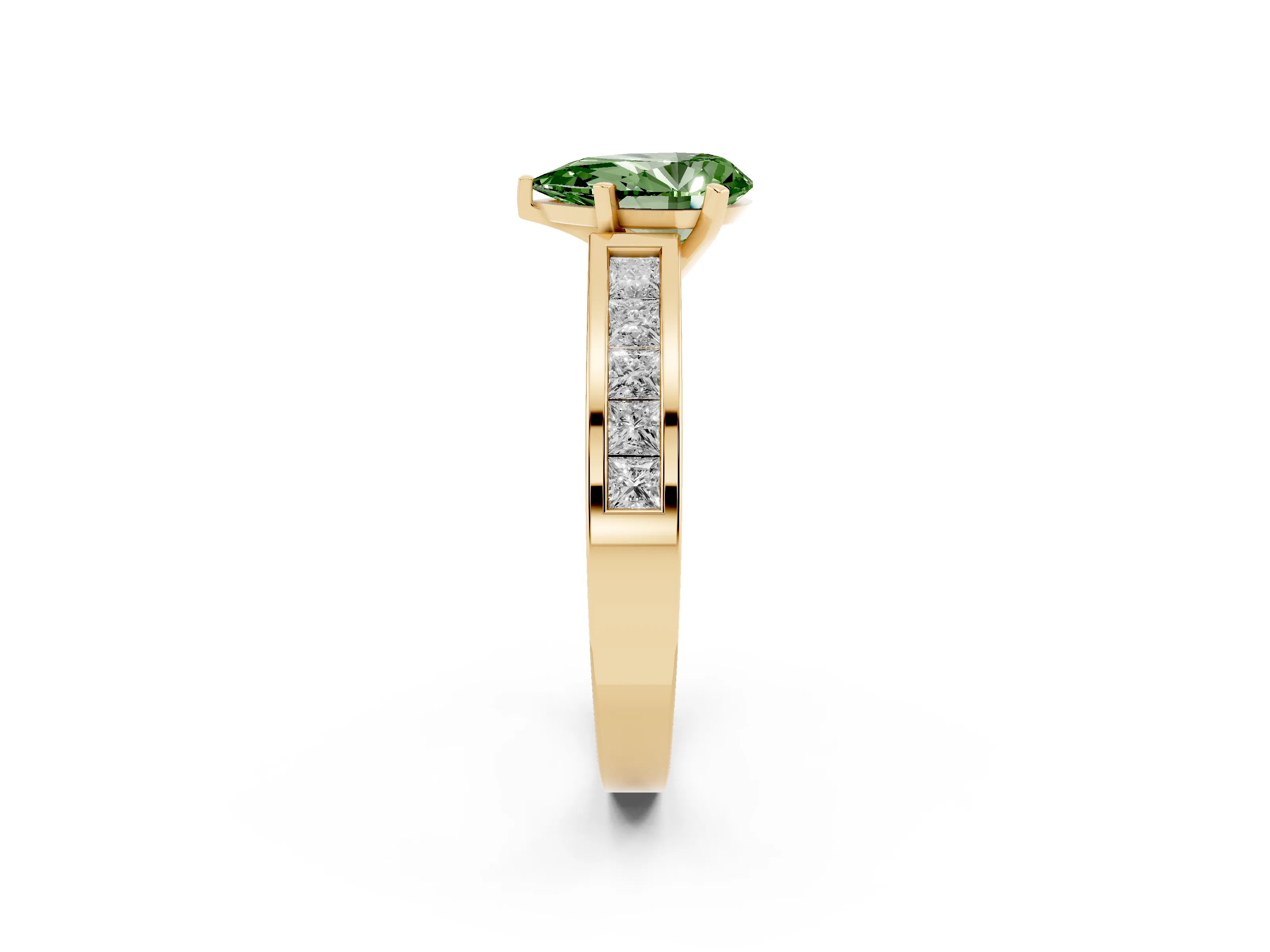Fancy Green Pear Cut Diamond Solitaire Ring Set in Yellow gold with Channel-Set Band and Prong Setting
