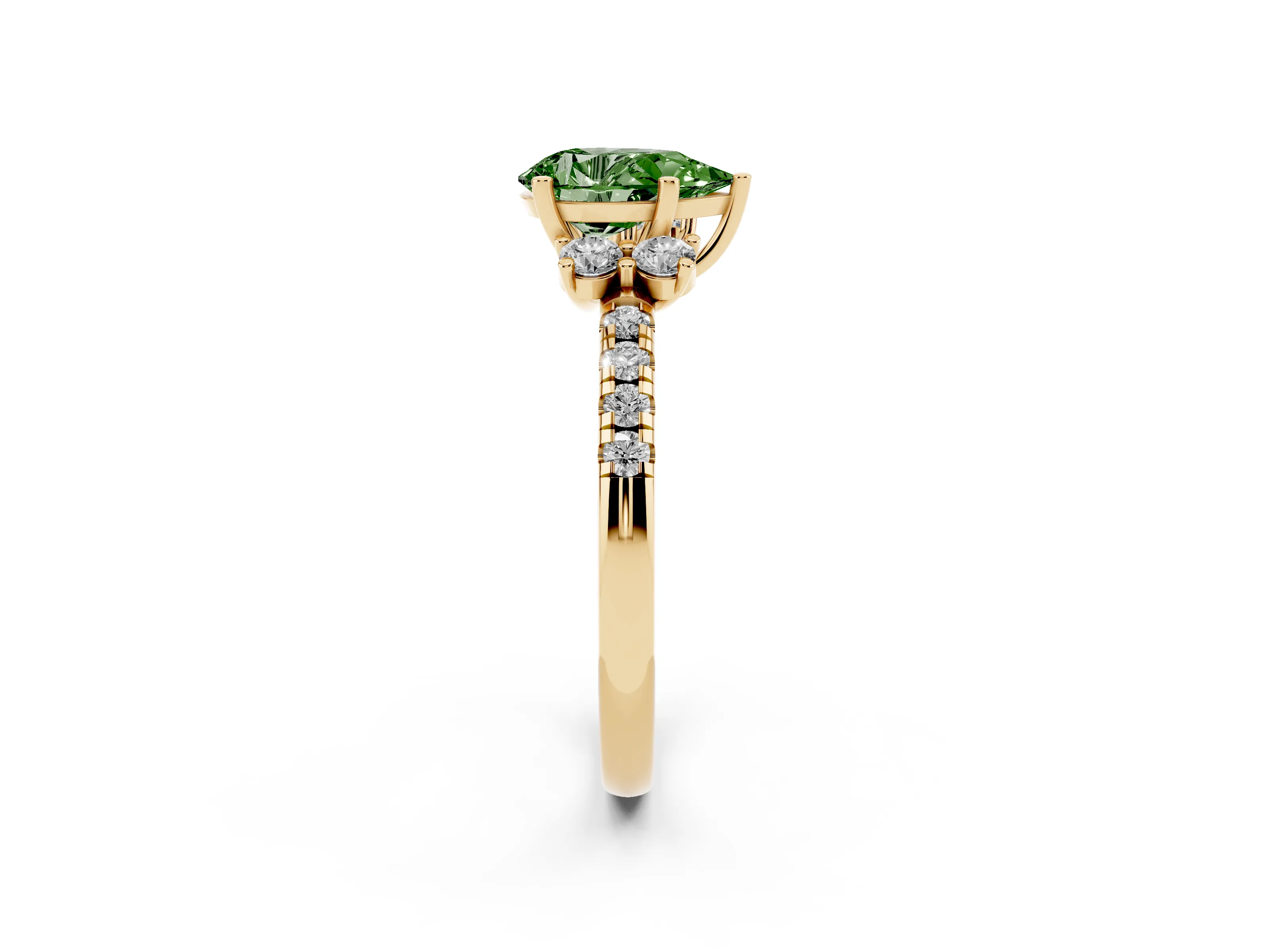 Fancy Green Pear Cut Diamond Three-Stone Pavé Ring Set in Yellow gold with Prong Setting