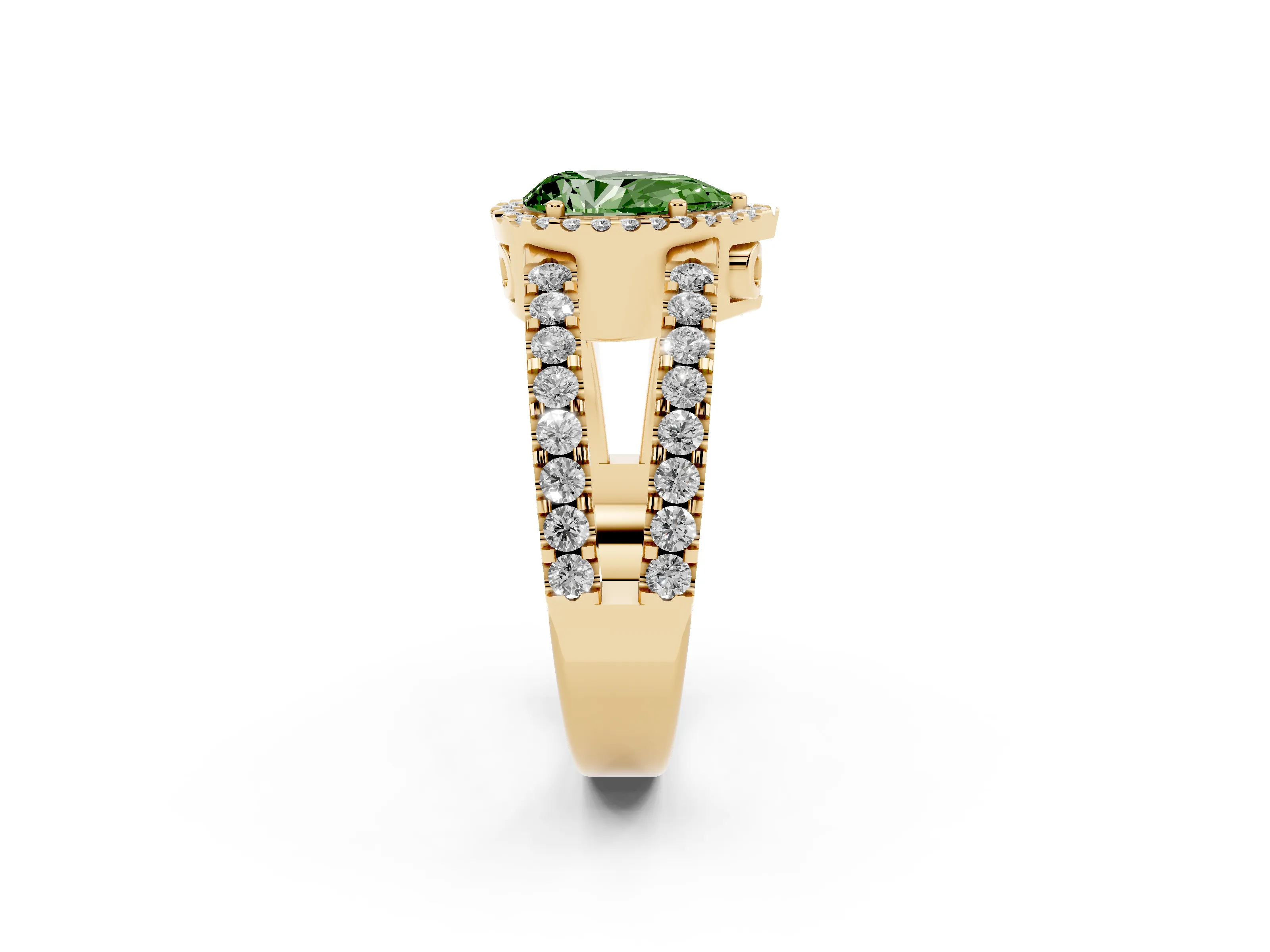 Fancy Green Pear Cut Diamond Halo Ring Set in Yellow gold with Pavé Split Shank and Prong Setting