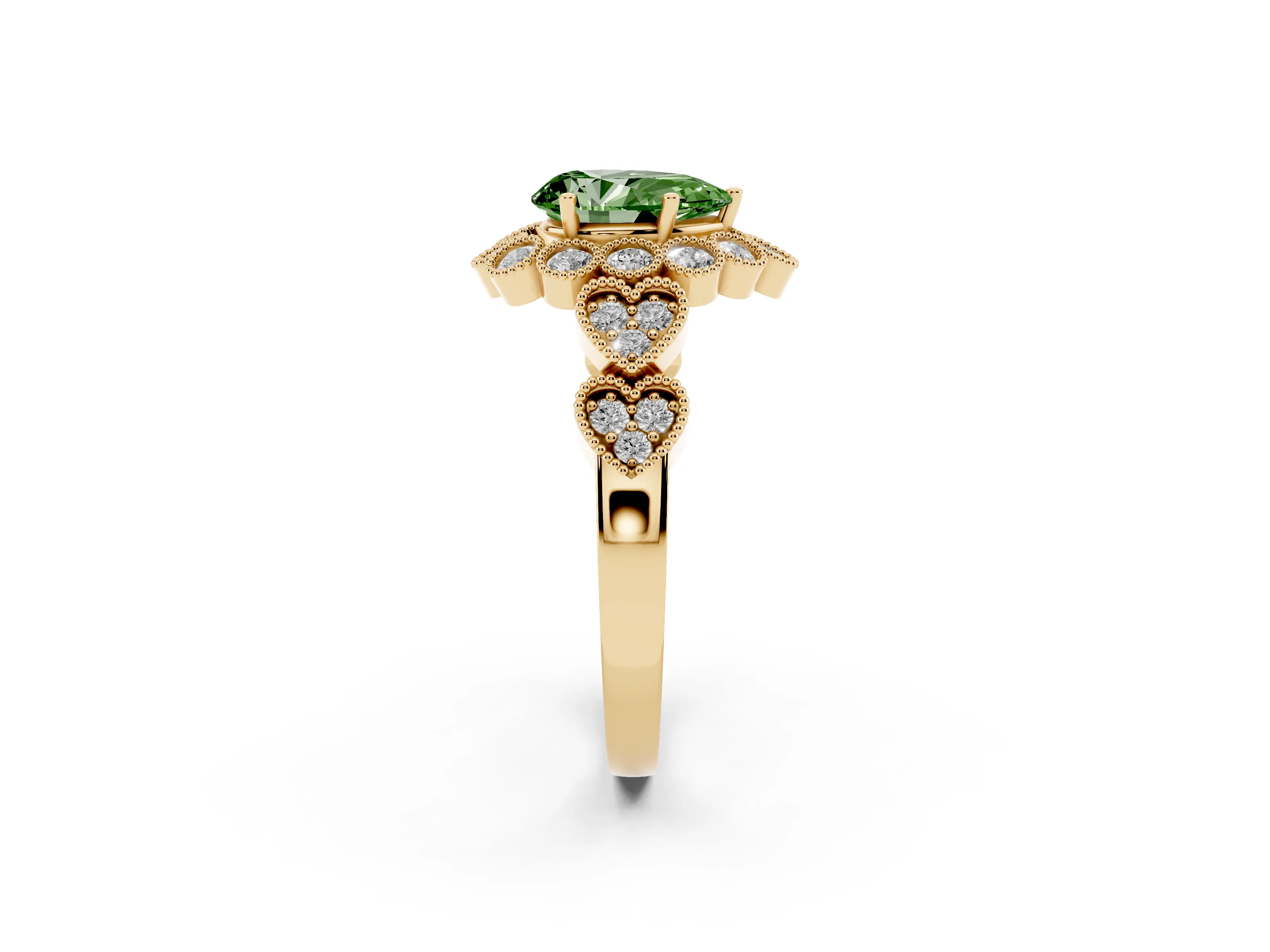 Fancy Green Pear Cut Diamond Solitaire Ring Set in Yellow gold with Milgrain Pavé Heart Band