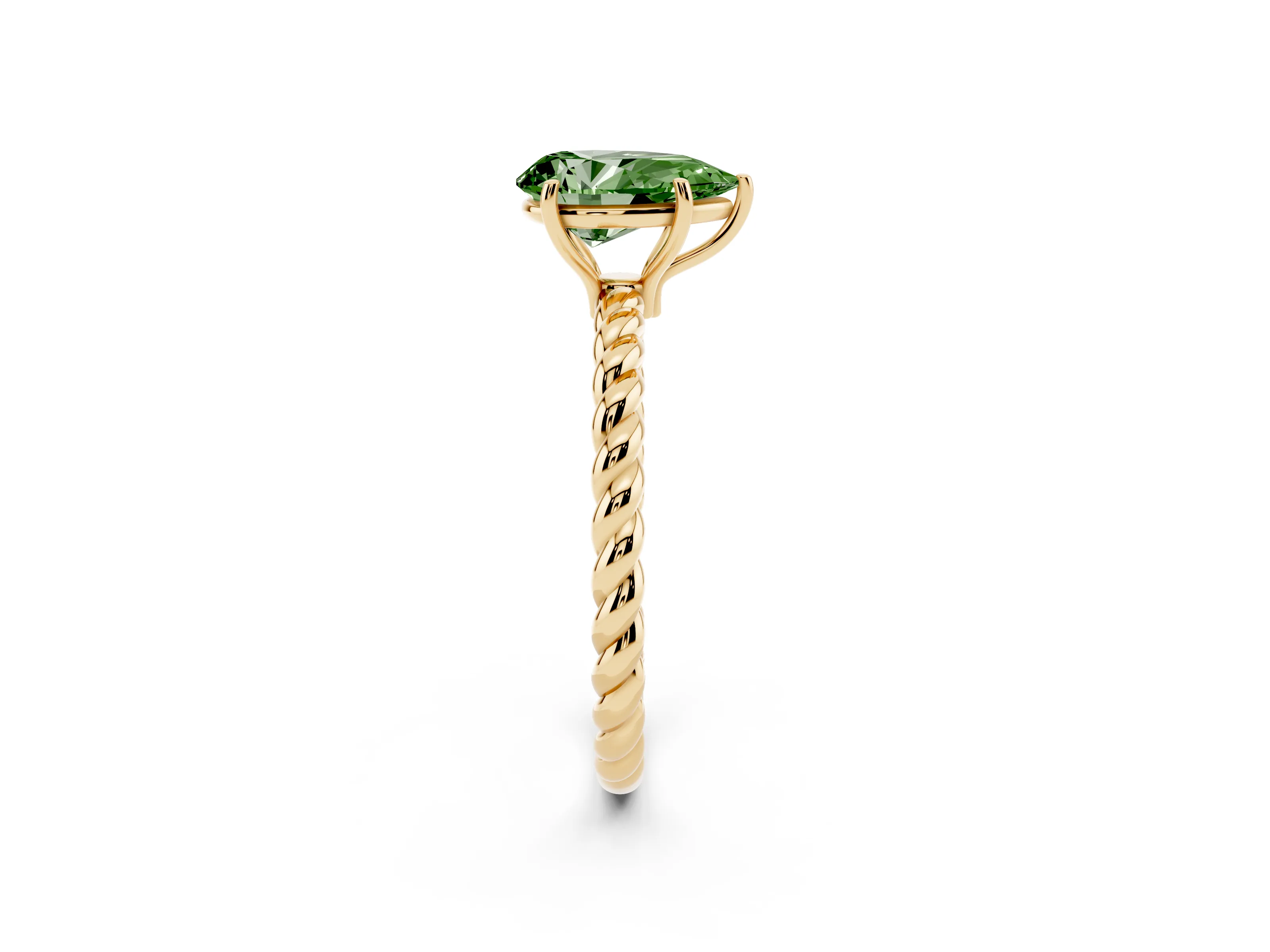 Fancy Green Pear Cut Diamond Solitaire Ring Set in Yellow gold with Twist Band and Prong Setting
