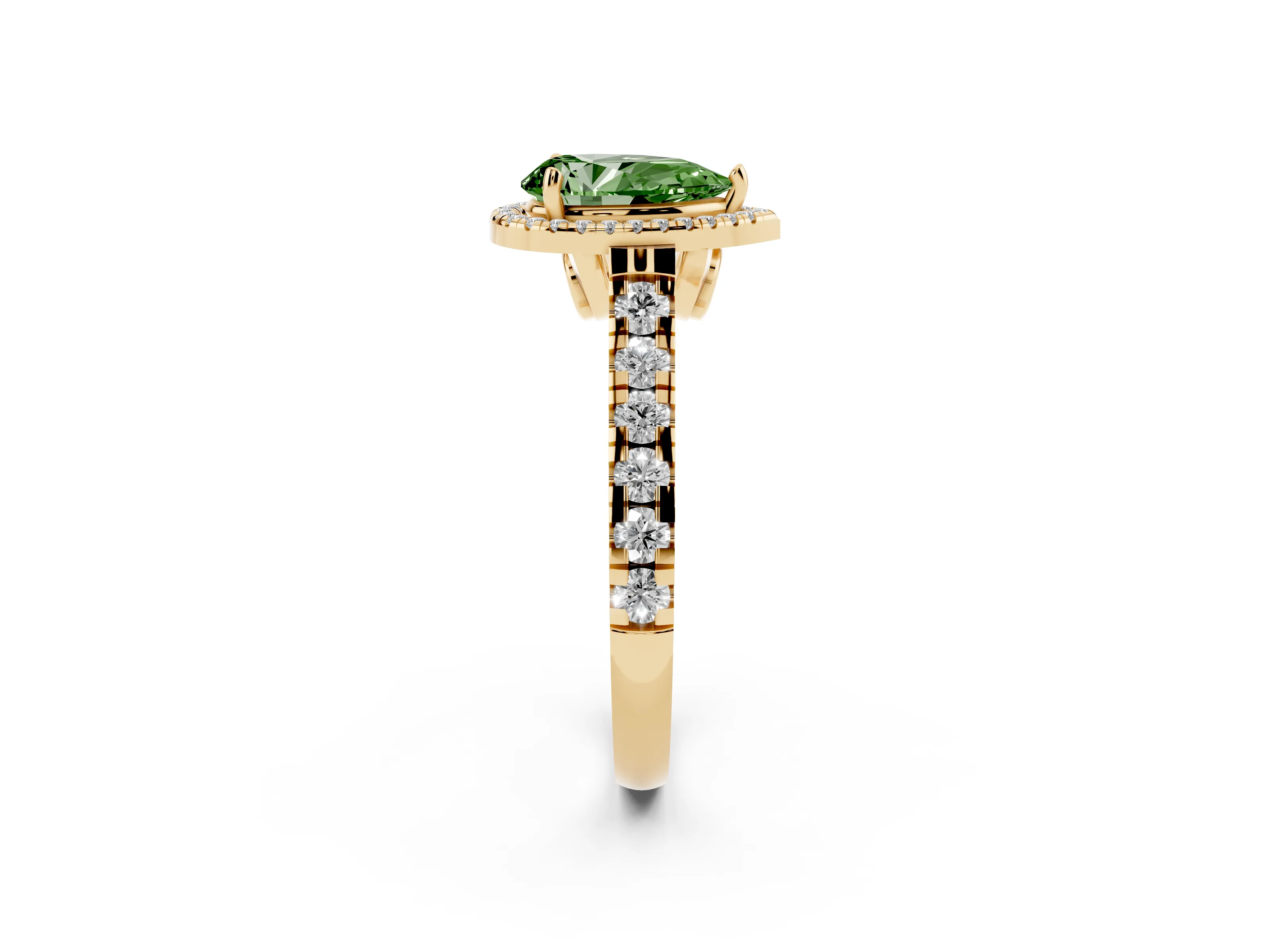 Fancy Green Pear Cut Diamond Halo Engagement Ring Set in Yellow gold with Pavé Band and Prong-Set Center