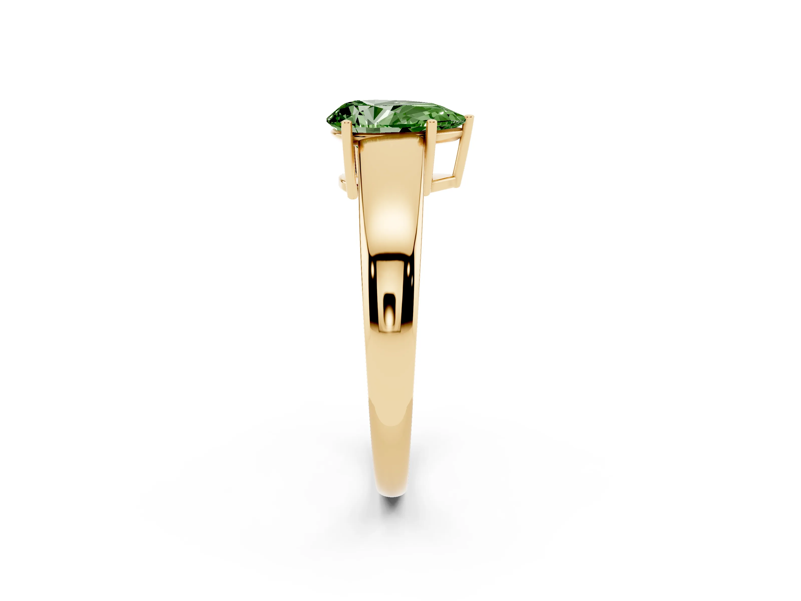 Fancy Green Pear Cut Diamond Solitaire Ring Set in Yellow gold with Tapered Band and Prong Setting