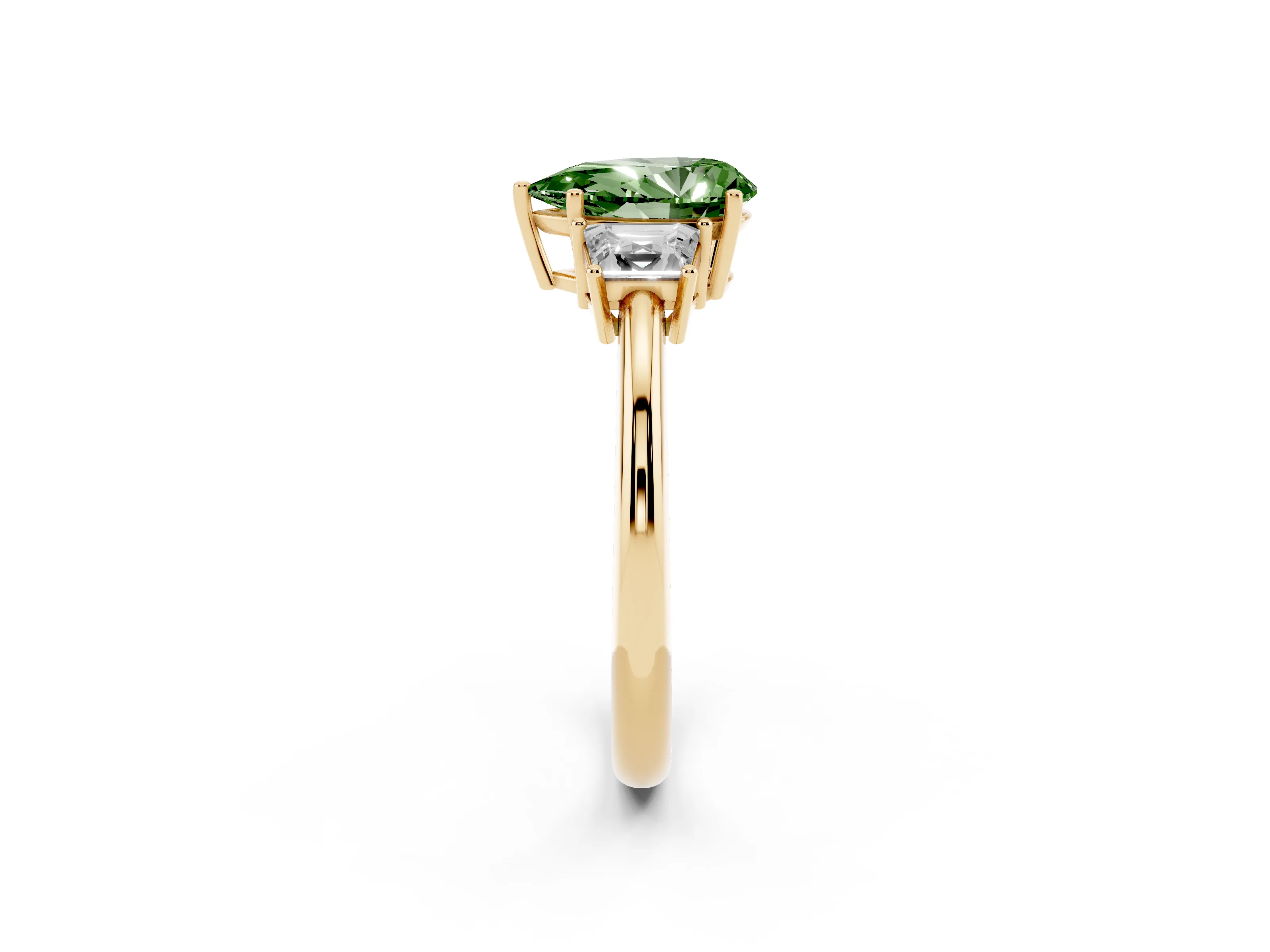 Fancy Green Pear Cut Diamond Three-Stone Ring Set in Yellow gold with Trapezoid Side Stones and Prong Setting